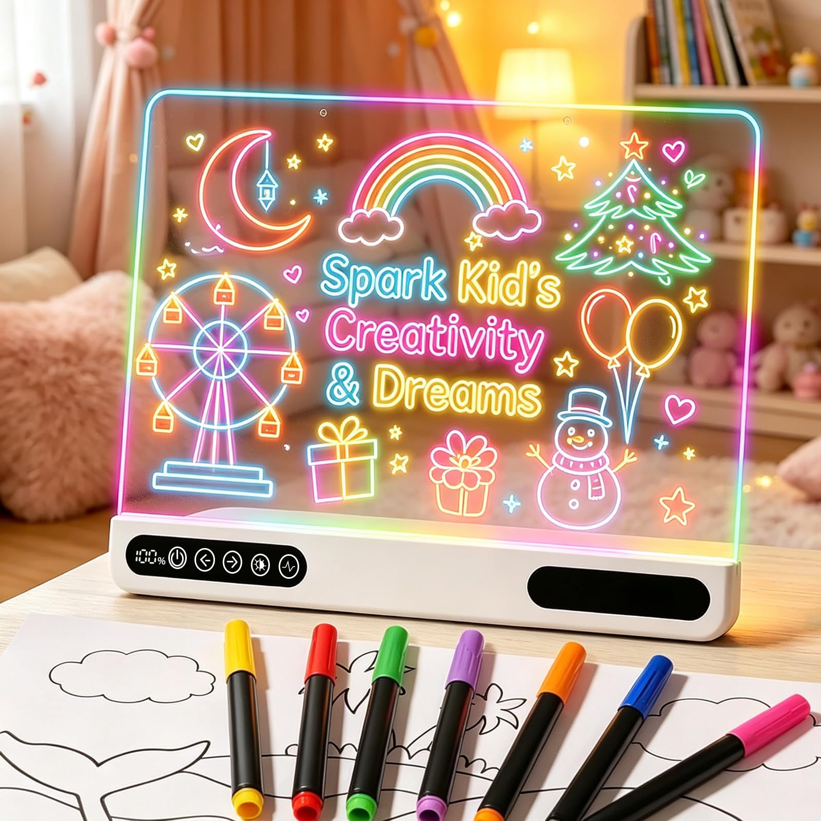 LED Drawing Board for Kids, Rechargeable 16“ Neon Art Writing Tablet with 7 Colors 3 Modes 10 Brightness 5 Speed, Light Up Doodle Glow Acrylic Tracing Pad with Stand, Xmas Bithday Gift for Girls Boys