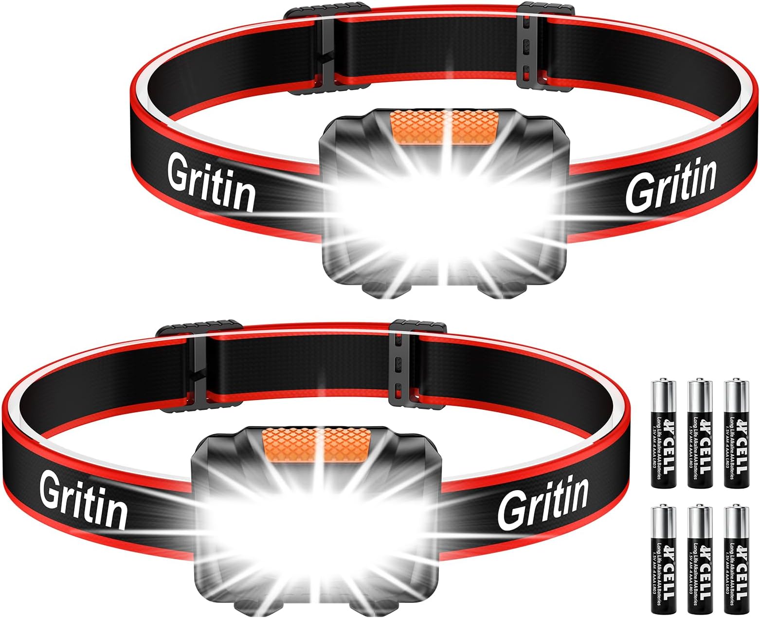 Gritin LED Head Torch, [2 Pack] Super Bright Headlamp Headlight with 3 Modes, Waterproof, Battery Powered LED Lightweight for Camping, Outdoors, Emergency, Running [6 AAA Batteries Included]