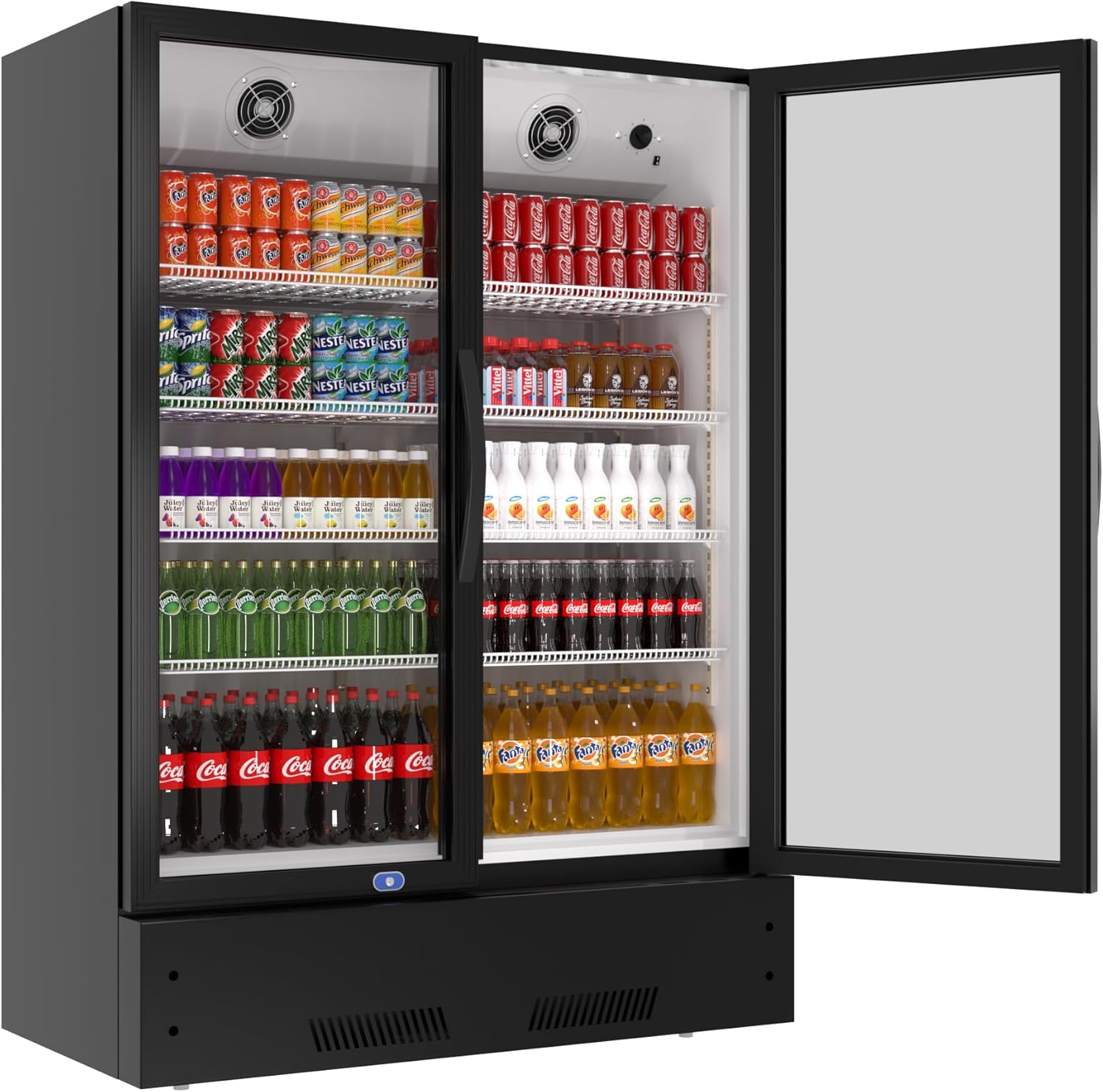 mikibama Commercial Merchandiser Refrigerator, 2 Glass Door Display Refrigerator, 18 Cu. Ft Upright Beverage Display Cooler, 8 Adjustable Shelves, 4 Strong Castors (Black, 18 cu.ft without Lightbox)