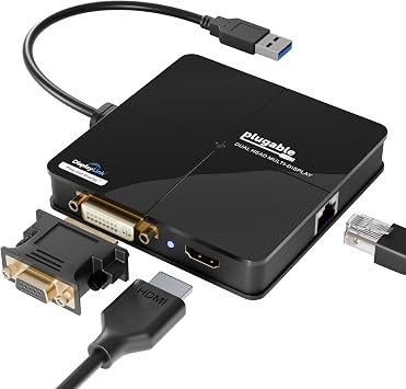 Plugable USB 3.0 Graphics Adapter for Dual Monitor with Wired LAN Ethernet, DidplayLink DL-3900 Chipset HDMI, DVI, VGA Monitor