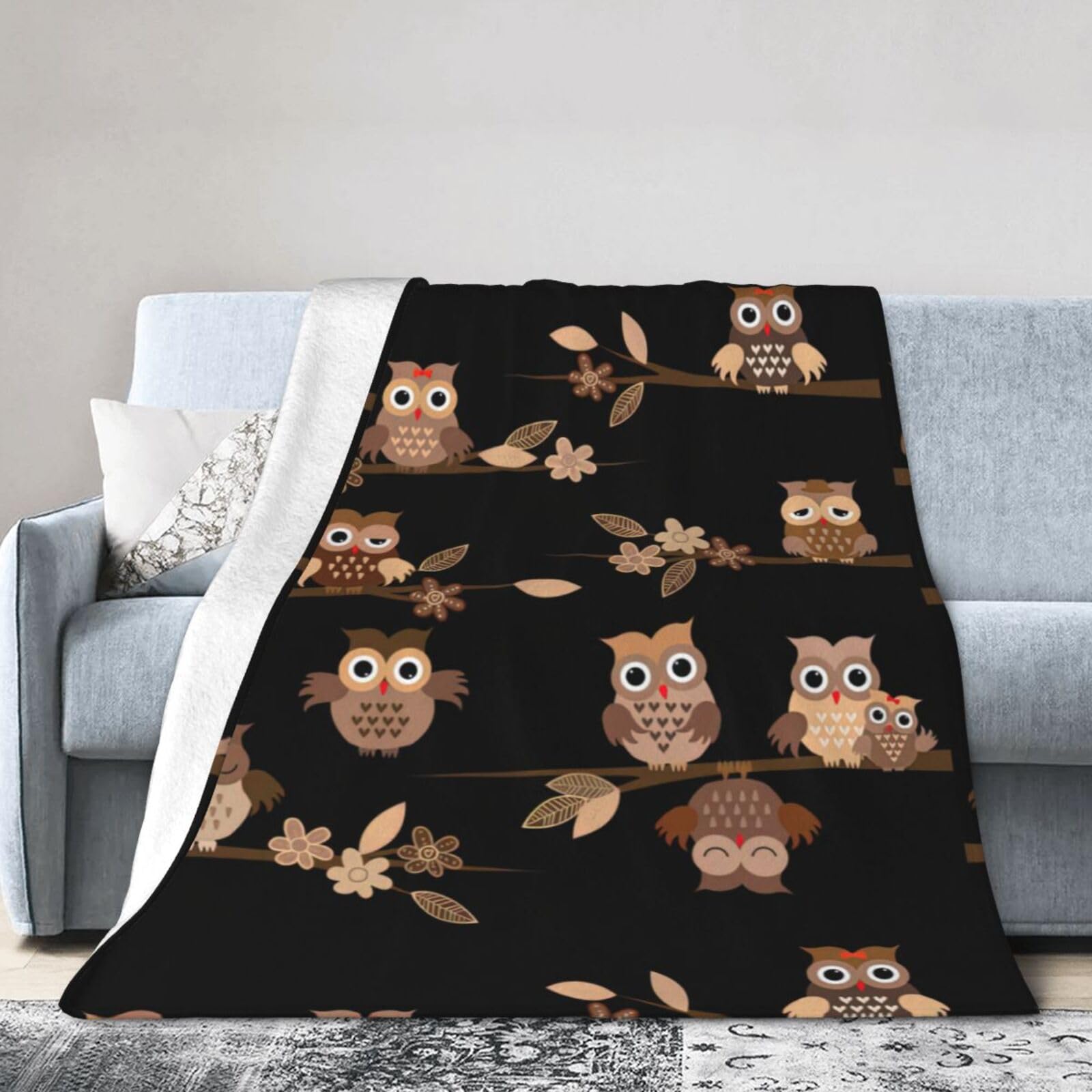 Couverture en micro-polaire douce plaid hiboux marron lit canapé