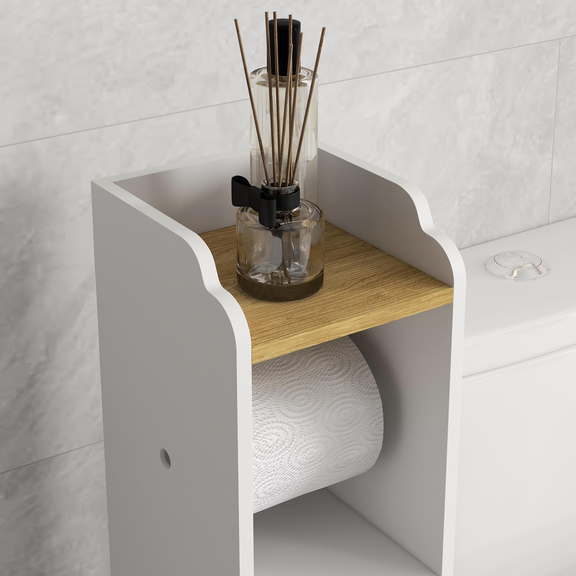 kleankin Armario de Baño Moderno con 1 Puerta 18x20x90 cm Blanco y Roble | Columna Auxiliar de Baño, con Estantes, Portarrollos de Papel, para Dormitorio Sala