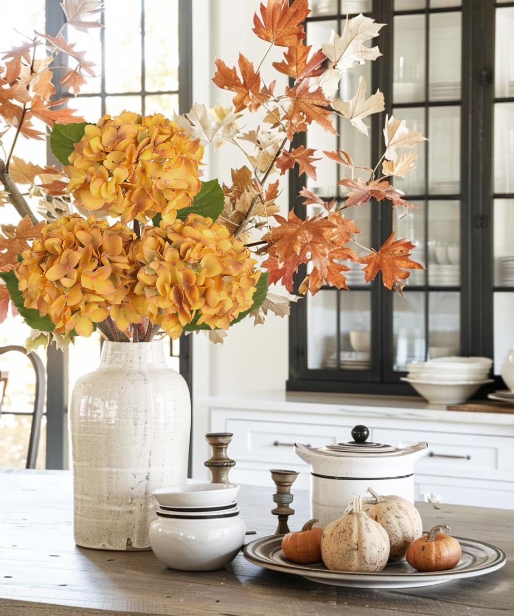 Hollyone 3Pcs Yellow Hydrangea Artificial Flowers Faux Dried Touch Hydrangeas Silk Flowers with Stems Fake Fall Florals Flower for Home Wedding Table Centerpiece Vase Arrangements Fall Decorations