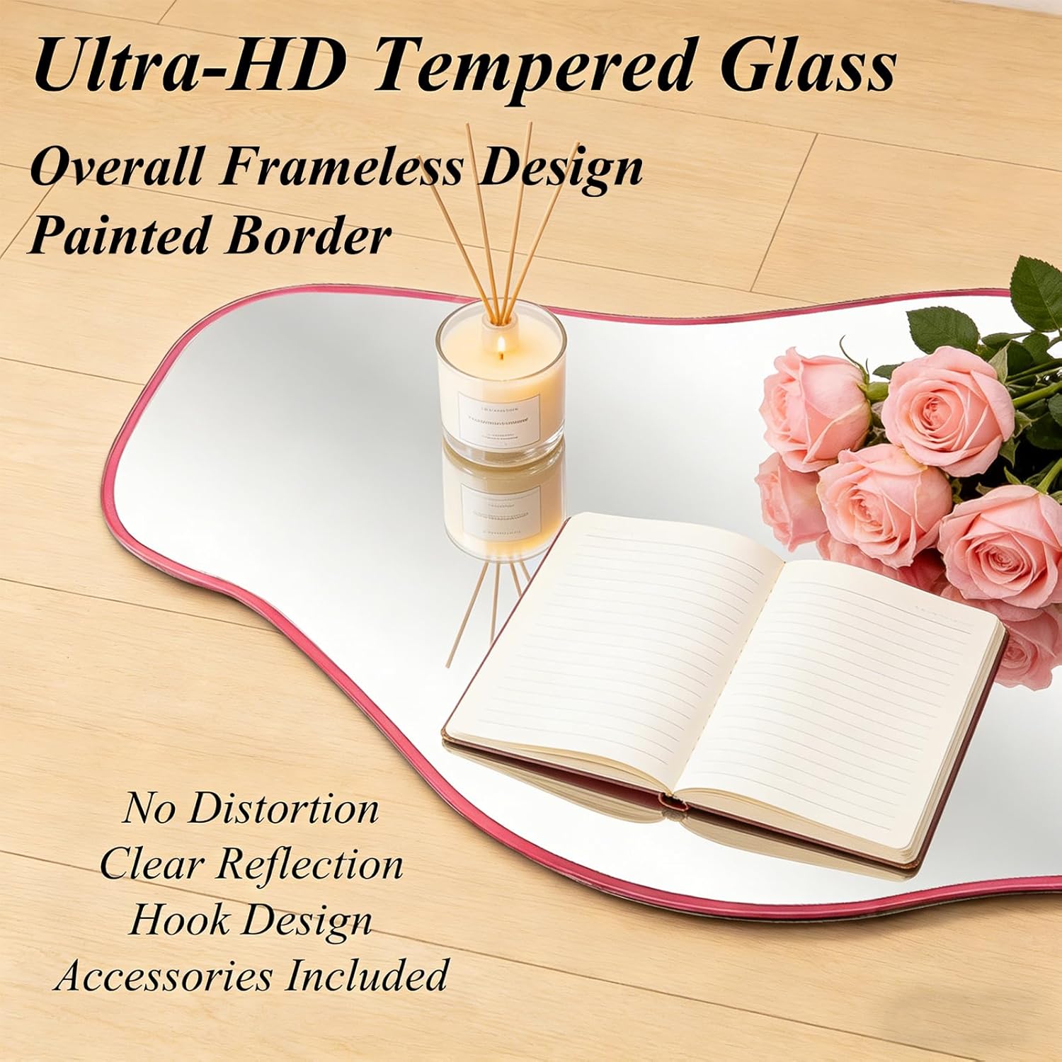 Irregular Tempered Glass Mirror, 47.2"x24" Pink Asymmetrical Aesthetic Wall Mirror, Modern Organic Shape Frameless Mirrors for Living Room Hallway Entryway, Horizontal or Vertical Hanging