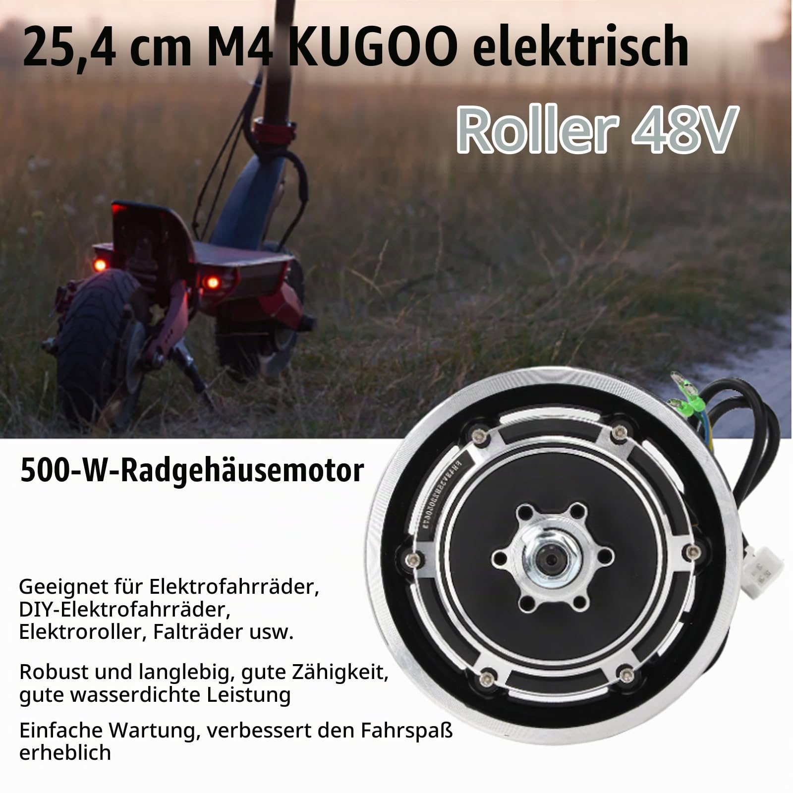 Nabenmotor, 10 Zoll Elektroroller Nabenmotor für Kugoo M4/M4 Pro 48v 500w Radnabenmotor Motor Ersatz E Scooter Motor für Kugoo M4/M4 Pro Elektroroller E-Scooter Zubehör