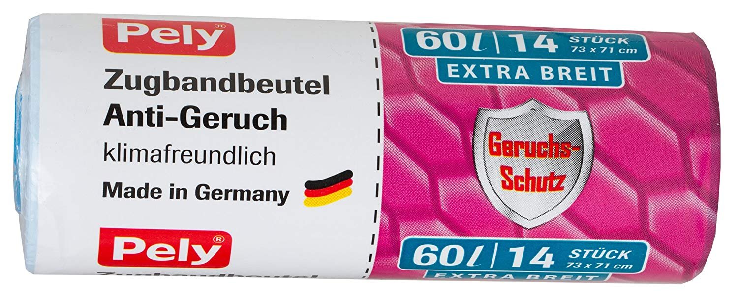224 Stück Pely 8518 Müllbeutel klimafreundlich extra breit und mit Anti-Geruch und Zugband für 60 Liter, Extra breit 73cm x 71cm. 1 Karton mit 16 Rollen. Jede Rolle hat 14 reißfeste pely Zugbandbeutel