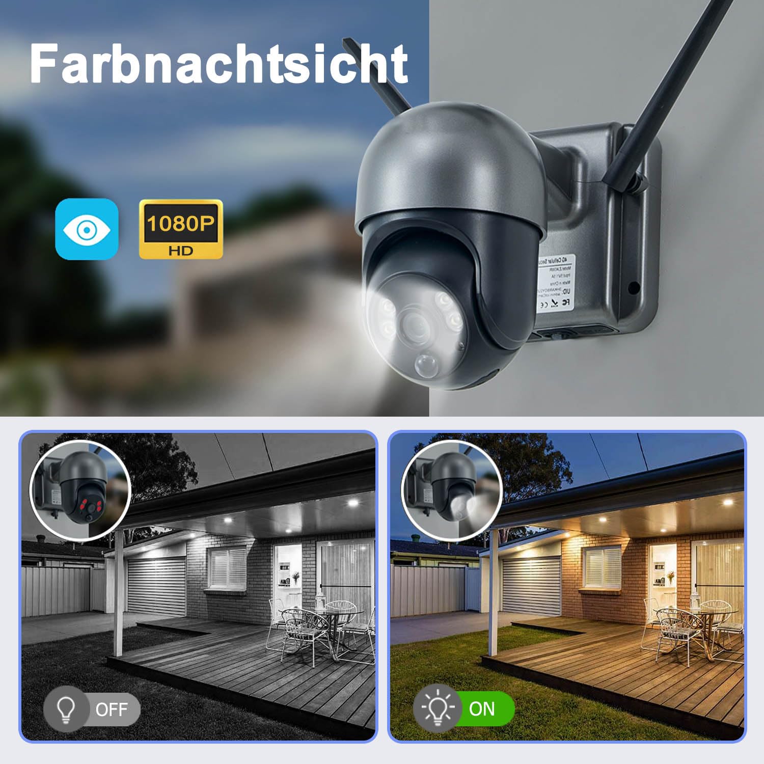 4G Cellular Sicherheitskamera mit SIM Karte, überwachungskamera ohne WLAN, überwachungskamera Solar, Bewegungserkennung, PIR-Bewegungssensor, 360-Grad-Ansicht, 2K HD