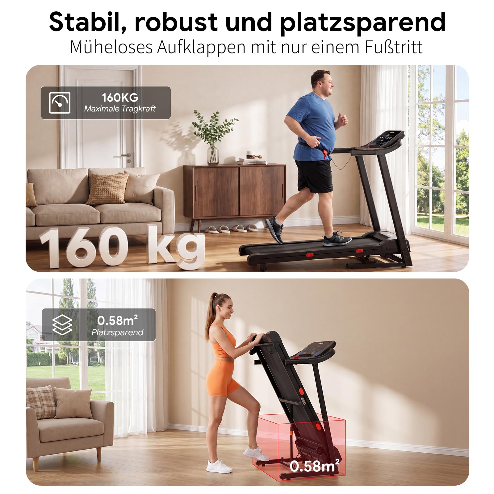 Laufband mit 15% automatischer Steigung für Zuhause klappbar Profi Walking Pad bis 160kg mit 3,0 PS Motor,14 km/h, LED-Display & App-Steuerung, Treadmills für Home Office