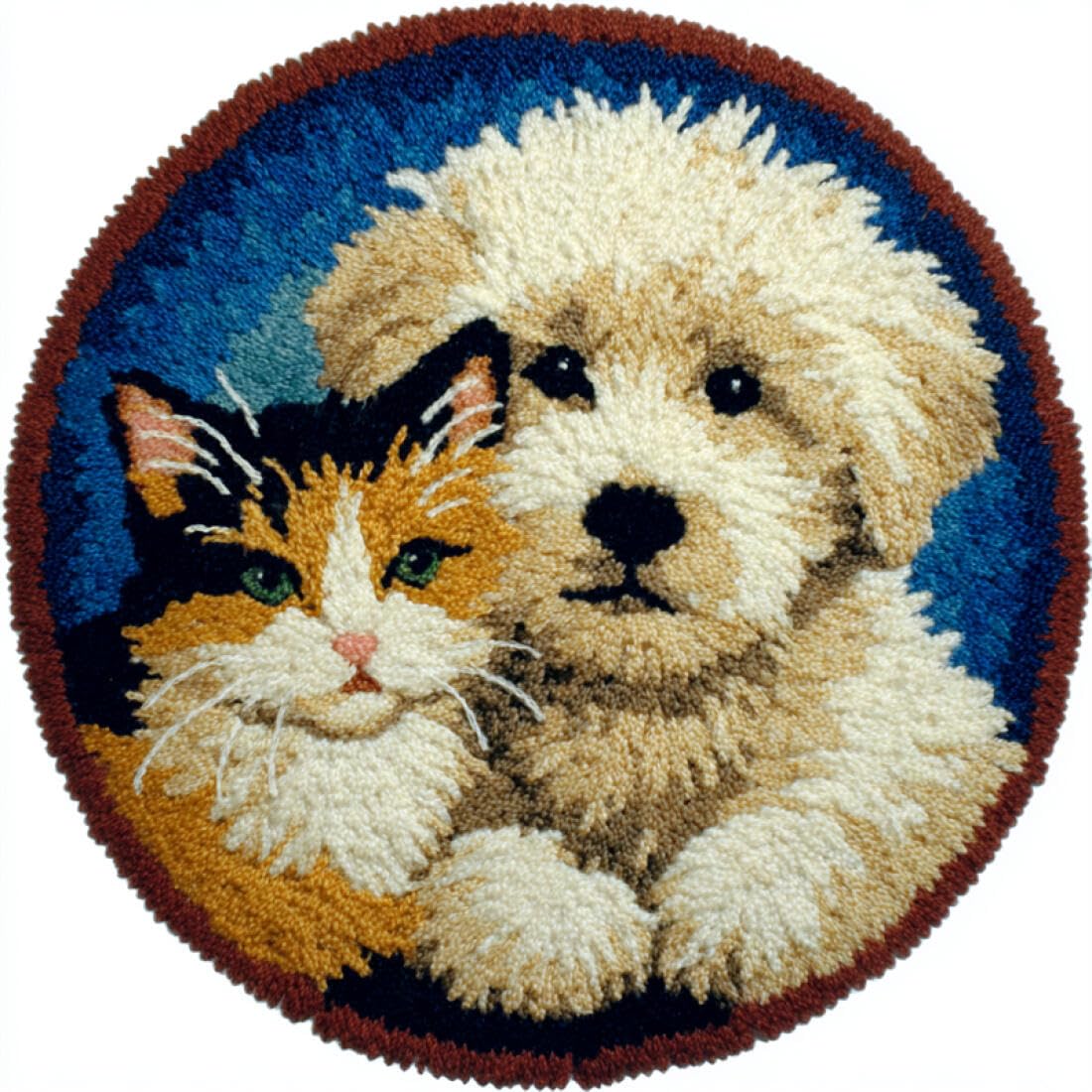 Rqwybcaxn DIY Latch Hook Rug Kit for Beginners Animal Crochet Starter Kit Cats and Dogs 60x60cm Round Tapestry with Crochet Hook Bedroom Craft Gift
