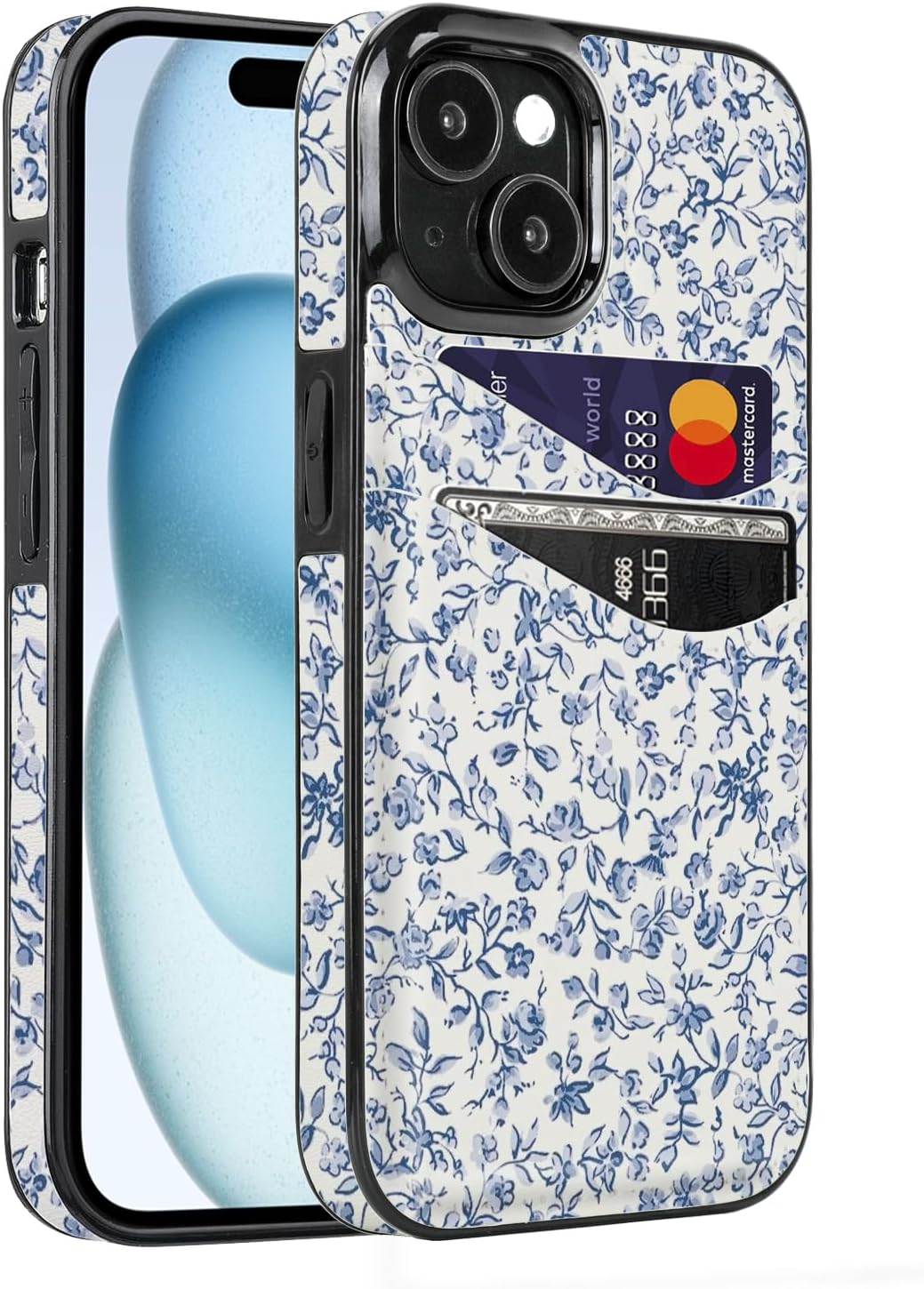 for iPhone 13/14/15 Case with Card Holder Soft Leather Wallet Case Protective Shockproof Hard Cover for Women Man (Blue Floral Flower)