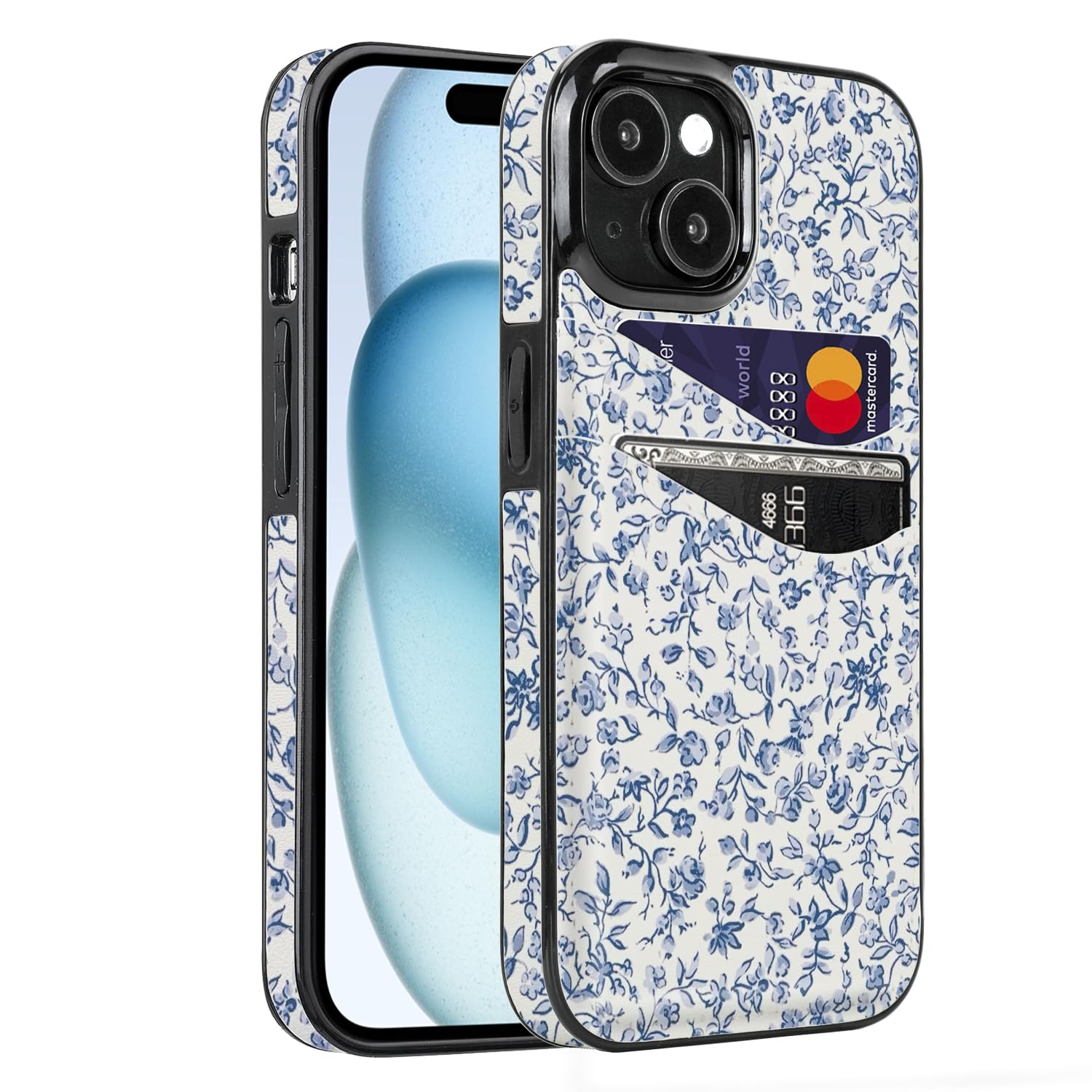 Obbii for iPhone 13/14/15 Case with Card Holder Soft Leather Wallet Case Protective Shockproof Hard Cover for Women Man (Blue Floral Flower)