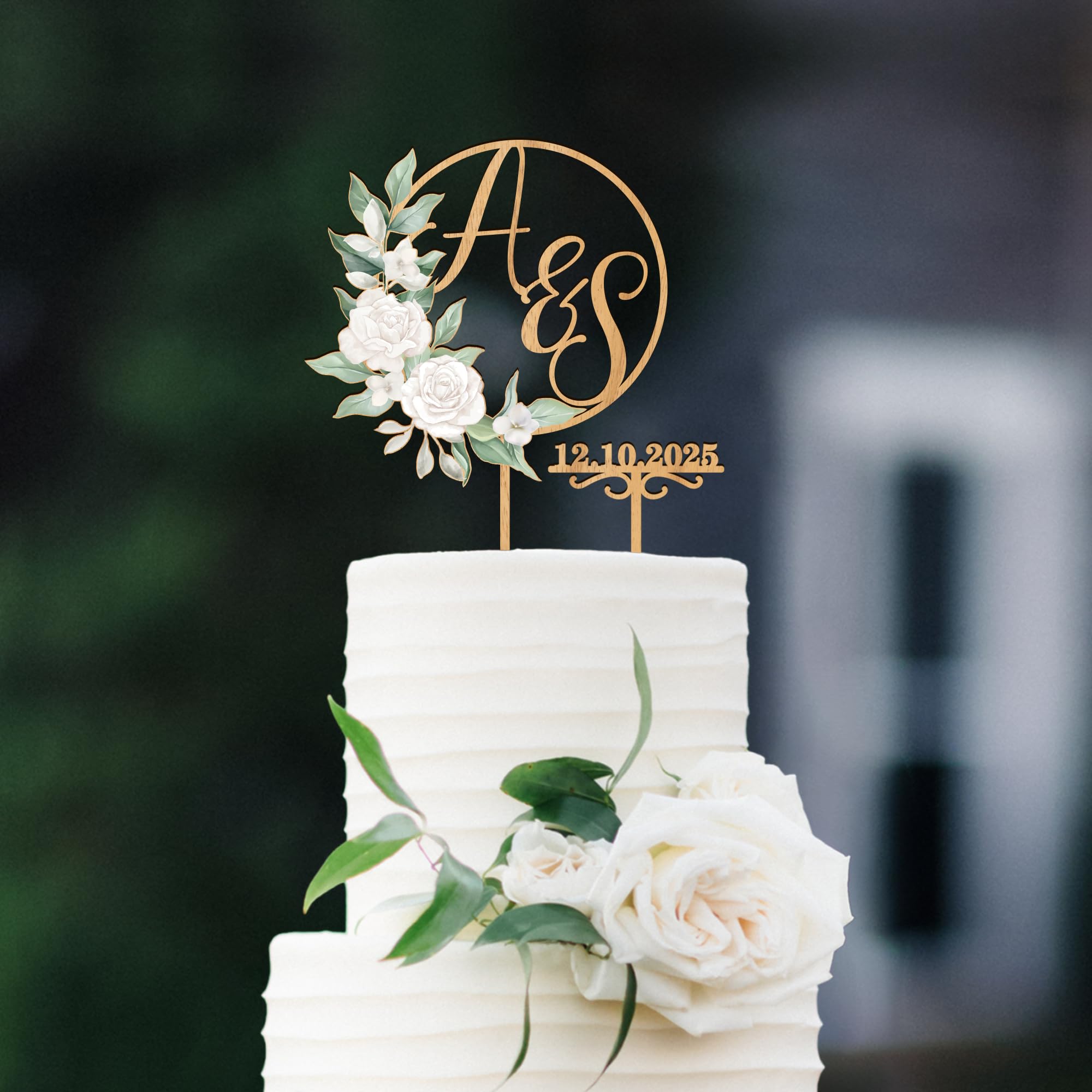 Party to Be Personalized Wedding Cake Topper in Wood Custom Bride and Groom Initial Cake Topper Wedding Date Cake Decoration (White Roses)