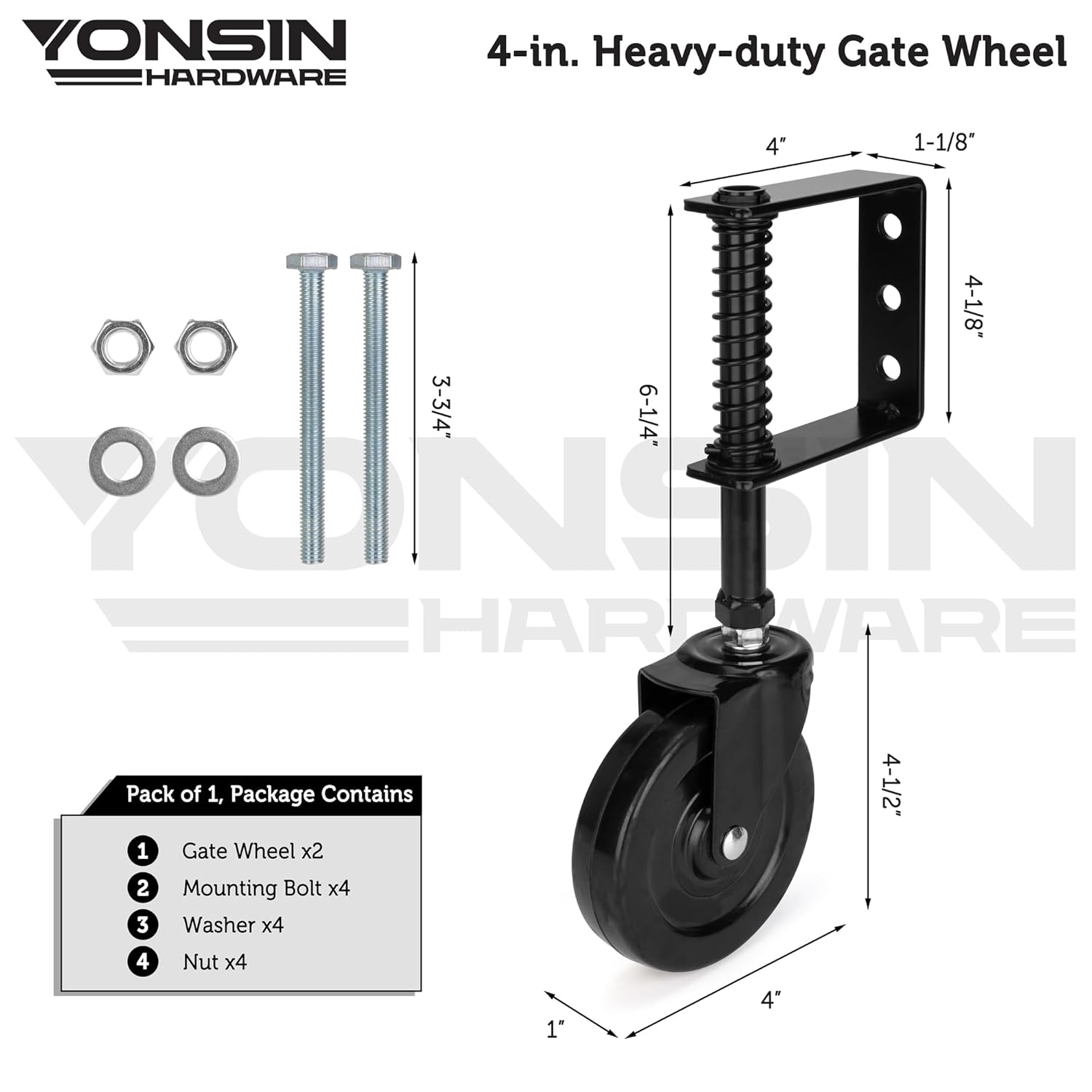 4" Heavy Duty Spring Loaded Gate Caster, Drag Wheels with 360 Swivel for Wooden & Metal Gates, Anti Sag Kit, 200 Lbs Capacity, 2 Pcs, Black
