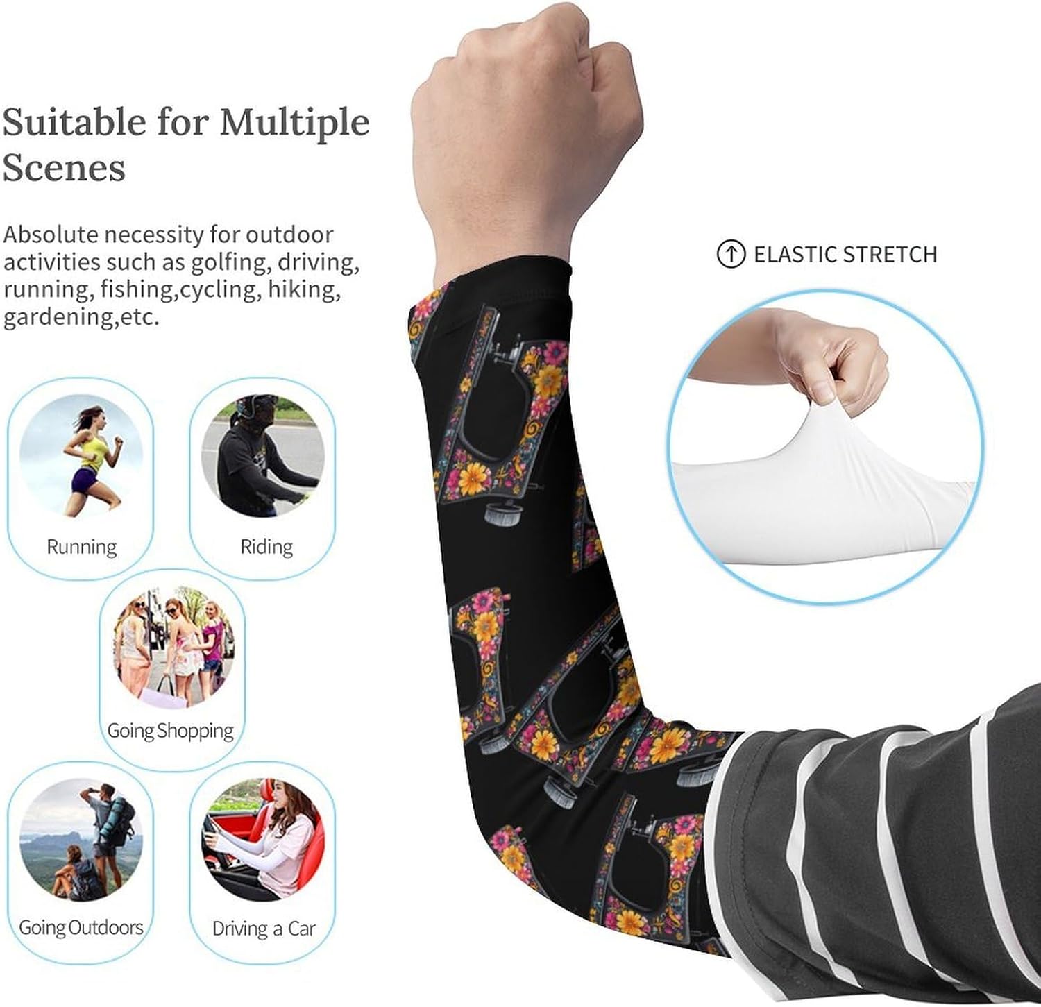 Flower Seamstress Sewing Machine Arm Sleeves Sun Protection Sleeves Sports Cooling Arm Compression Sleeve for Men Women