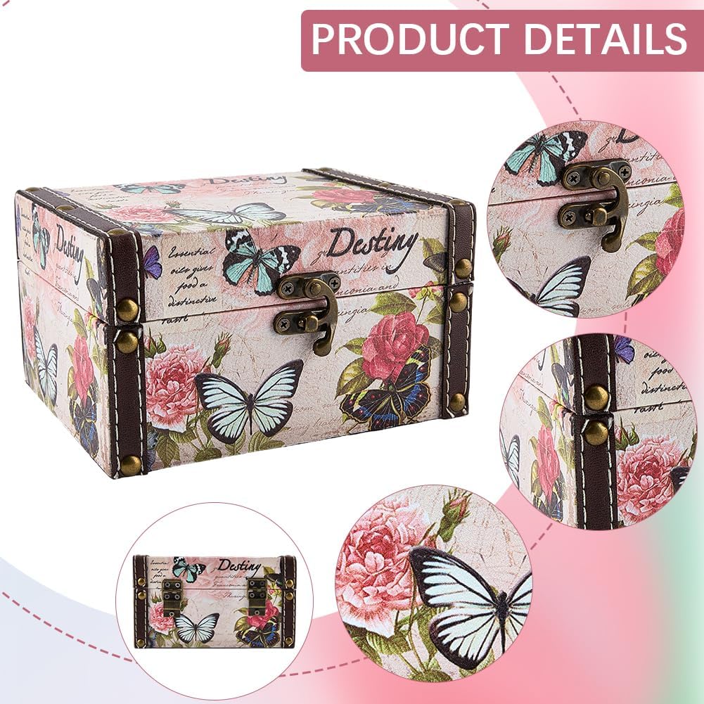 6.30 x 5.20 x 3.54 Inch Decorative Wooden Treasure Chest Box for Jewelry Trinkets Butterfly Floral Pattern Keepsakes Box Retro PU Leather Storage Case Organizer for Women Jewelry Earring