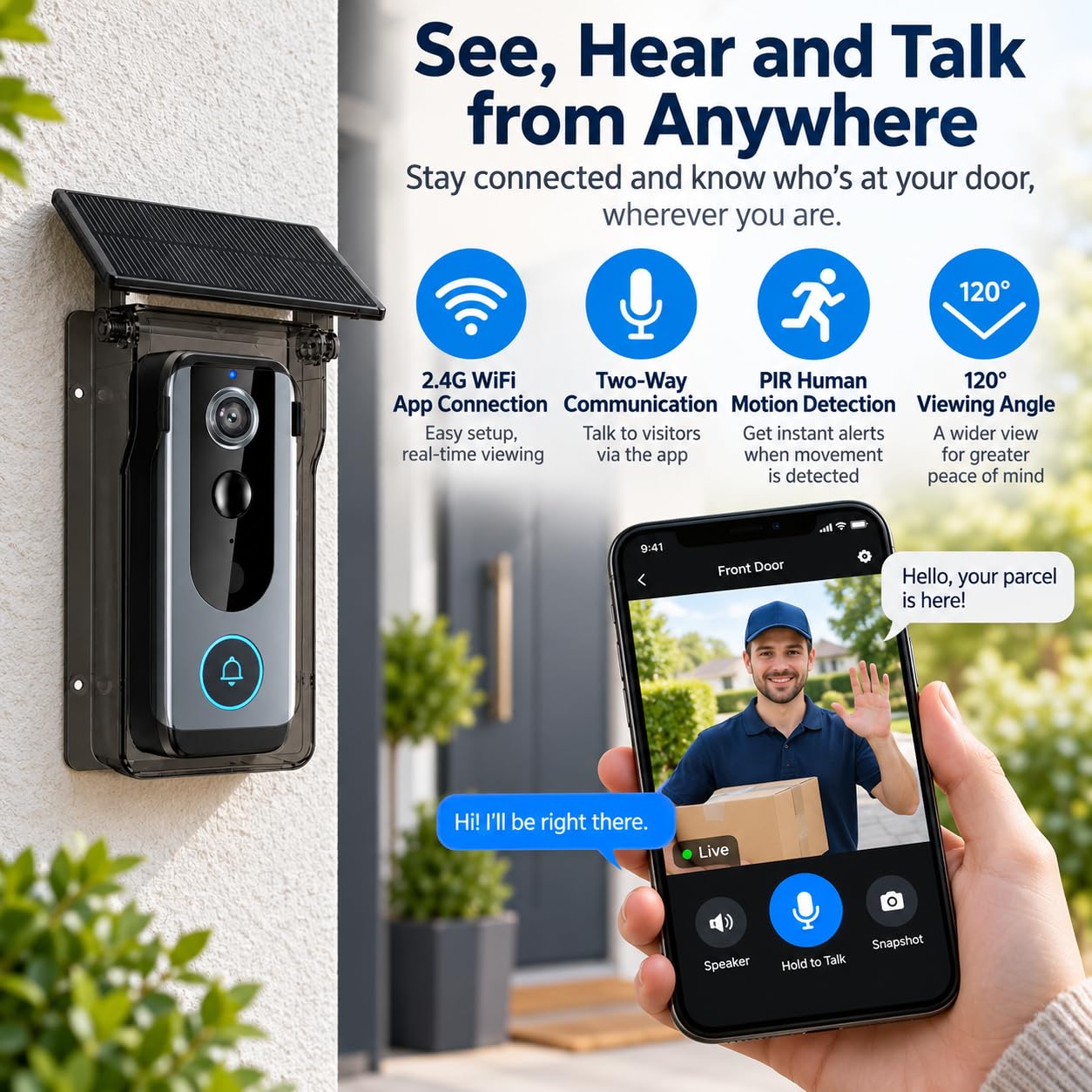 Caméra de Sonnette vidéo sans Fil, WiFi 2,4G avec Protection Solaire