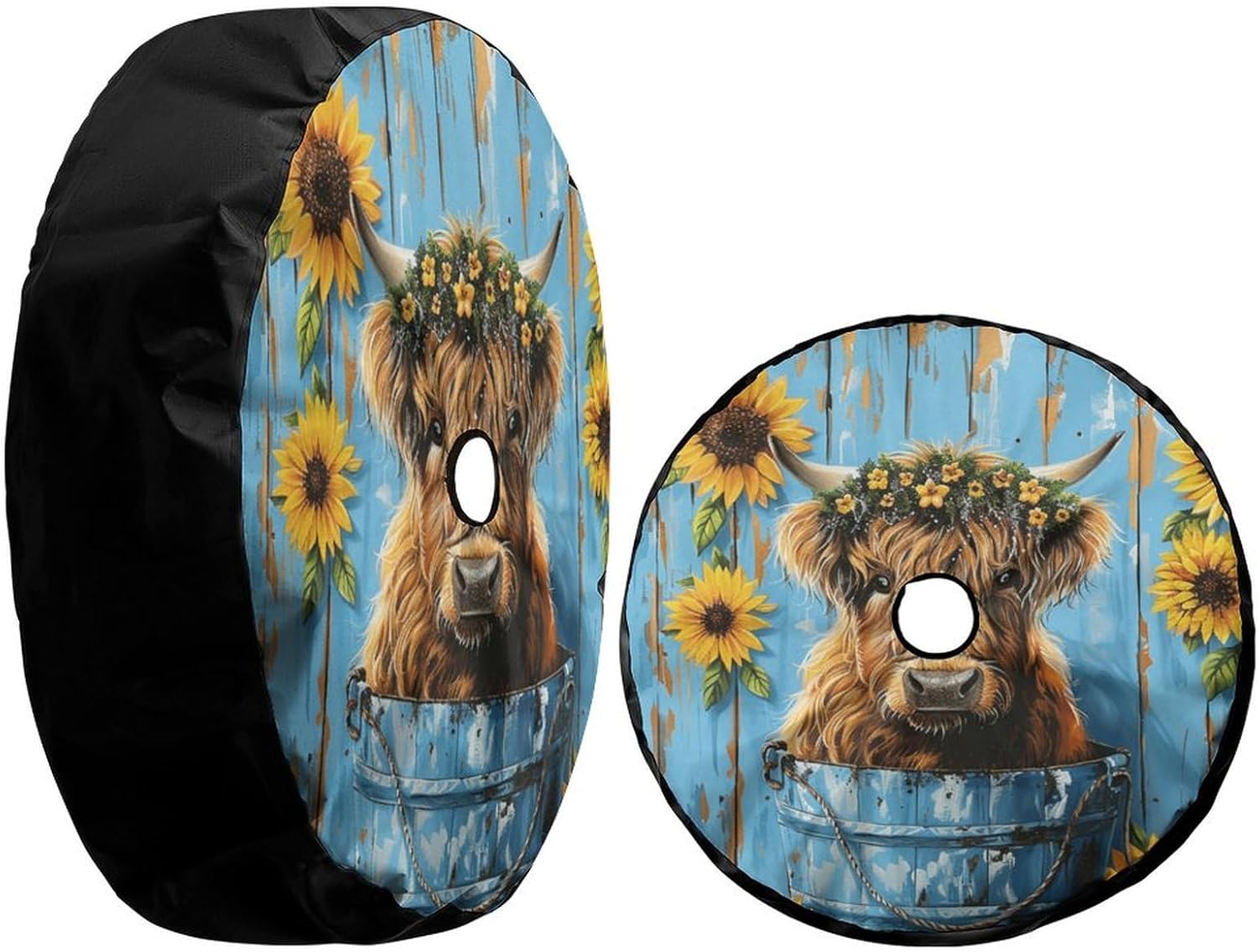 Delerain スペアタイヤカバー バックアップカメラホール付き かわいいハイランドカウホイールカバー 防水 防塵 紫外線 太陽