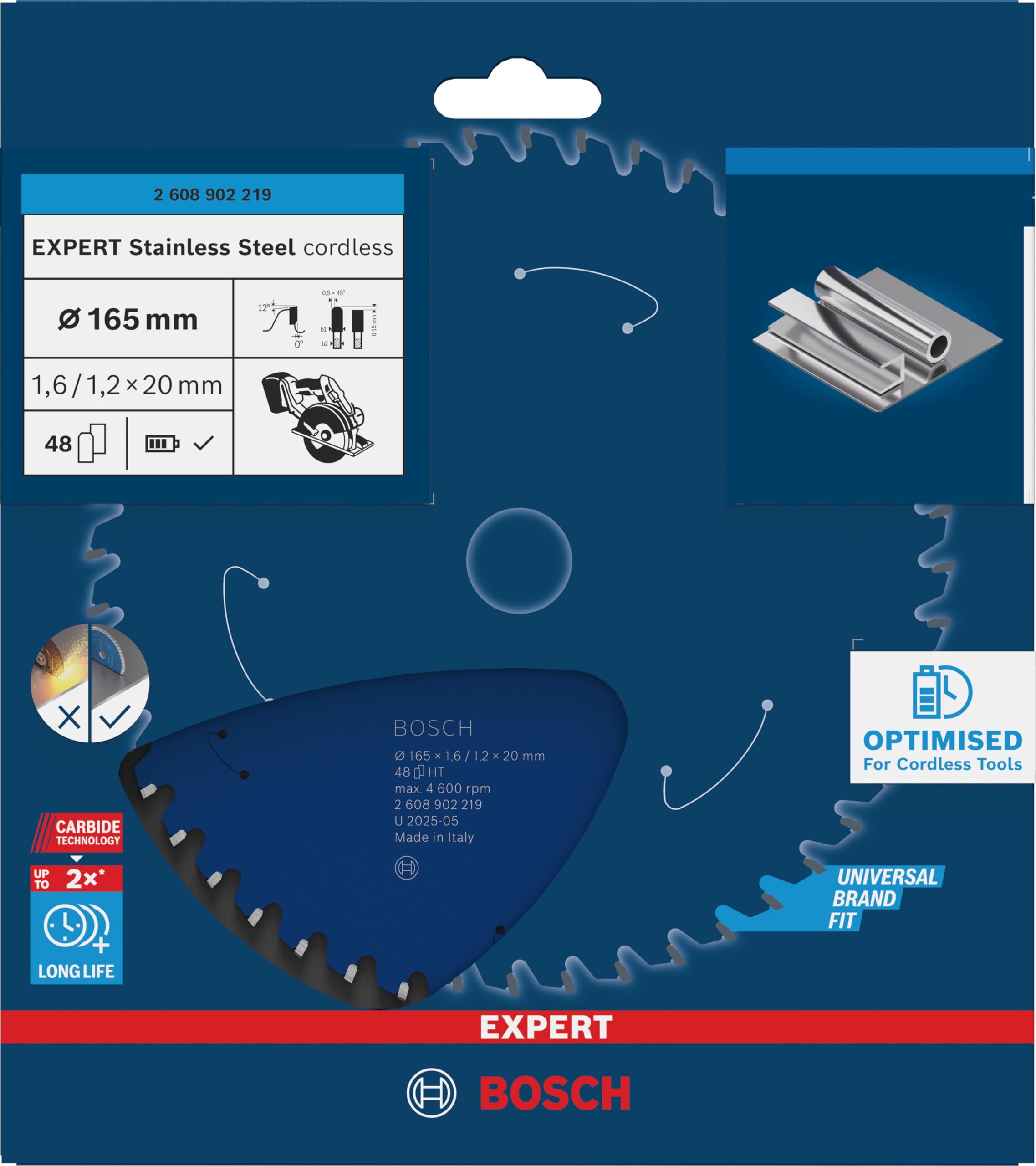 Bosch 1x Lama per sega circolare EXPERT Stainless Steel cordless per frese a secco (per Acciaio inossidabile, Ø mm, Professional Accessorio Corona a secco a batteria portatile)