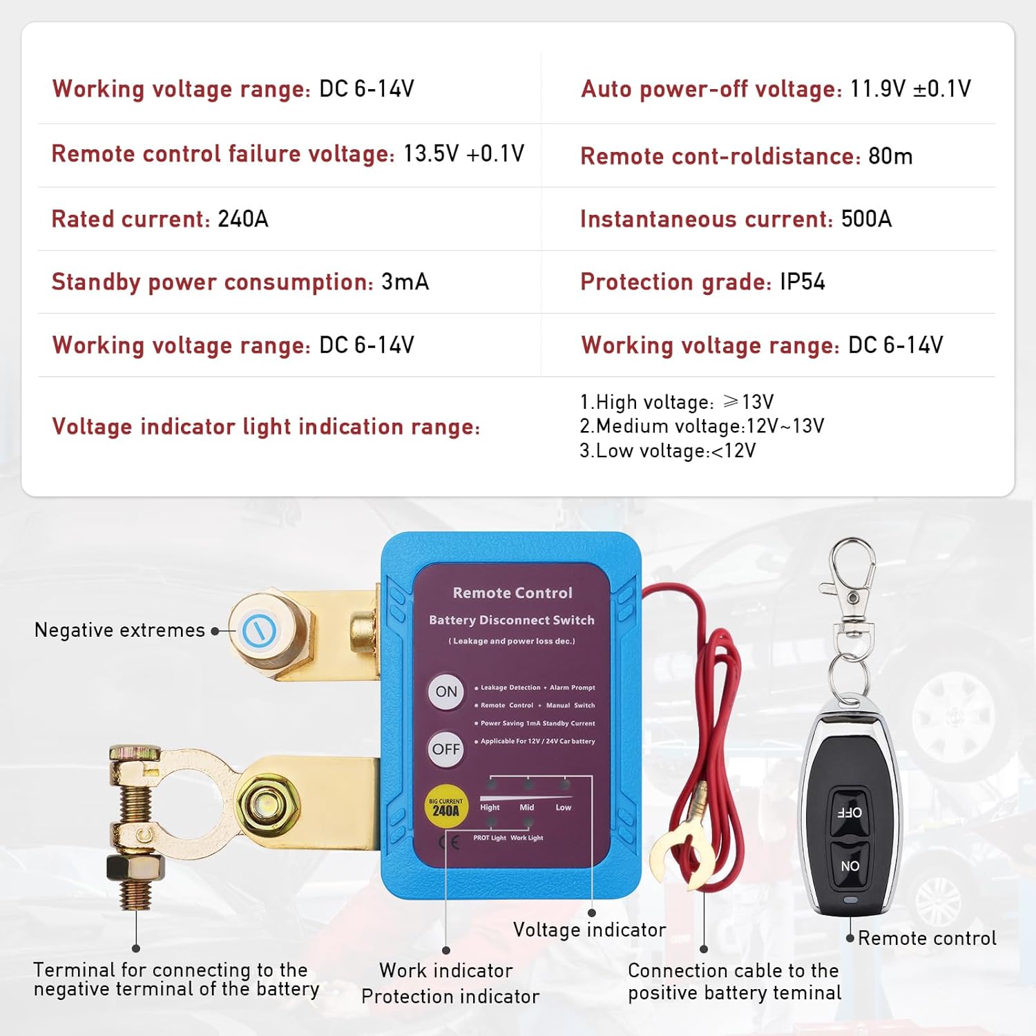 Kill Switch with 12V 240A Remote Battery Disconnect Switch Smart Voltage Kill Switch Fits for Car, Truck, RV car Anti Theft Battery Disconnect Switch