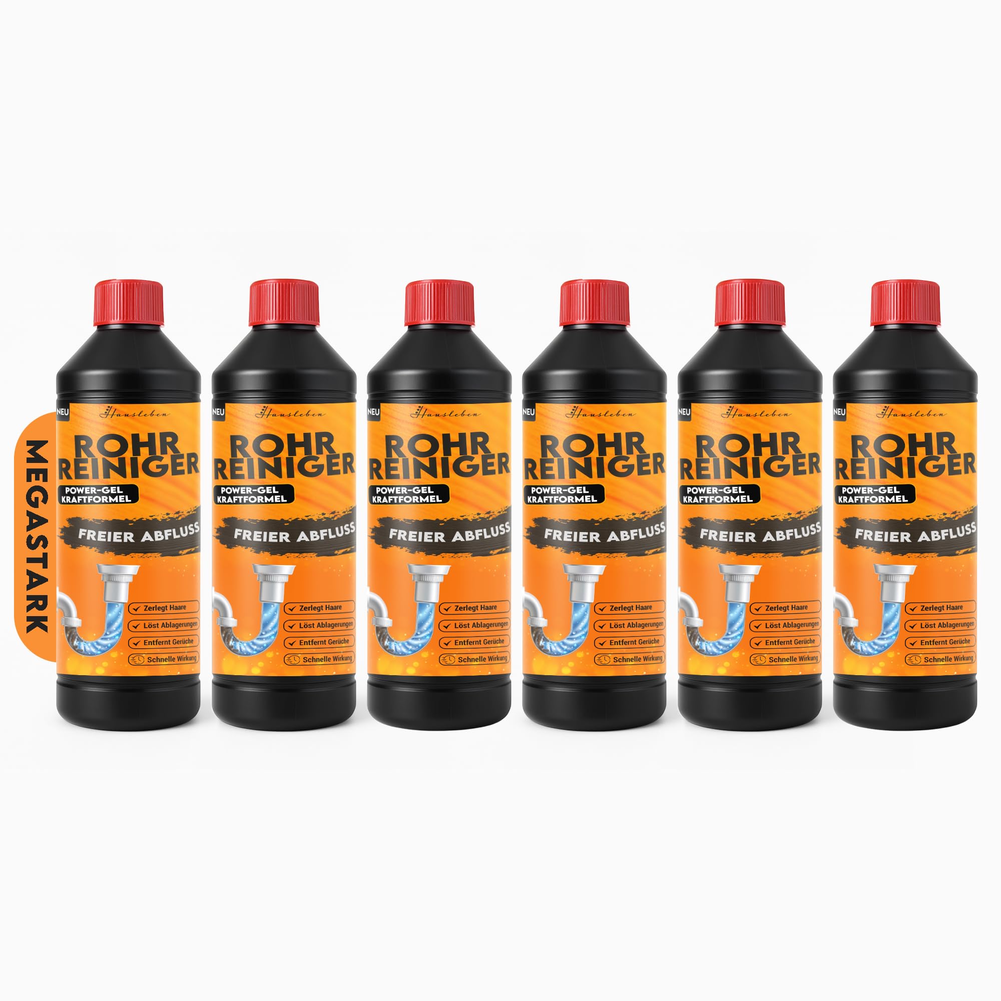 hausleben Abflussreiniger EXTRA STARK 6x1000ml – Rohrreiniger Power-Gel gegen Haare, Fett & Verstopfungen für Küche, Bad, Dusche und Abflussfrei