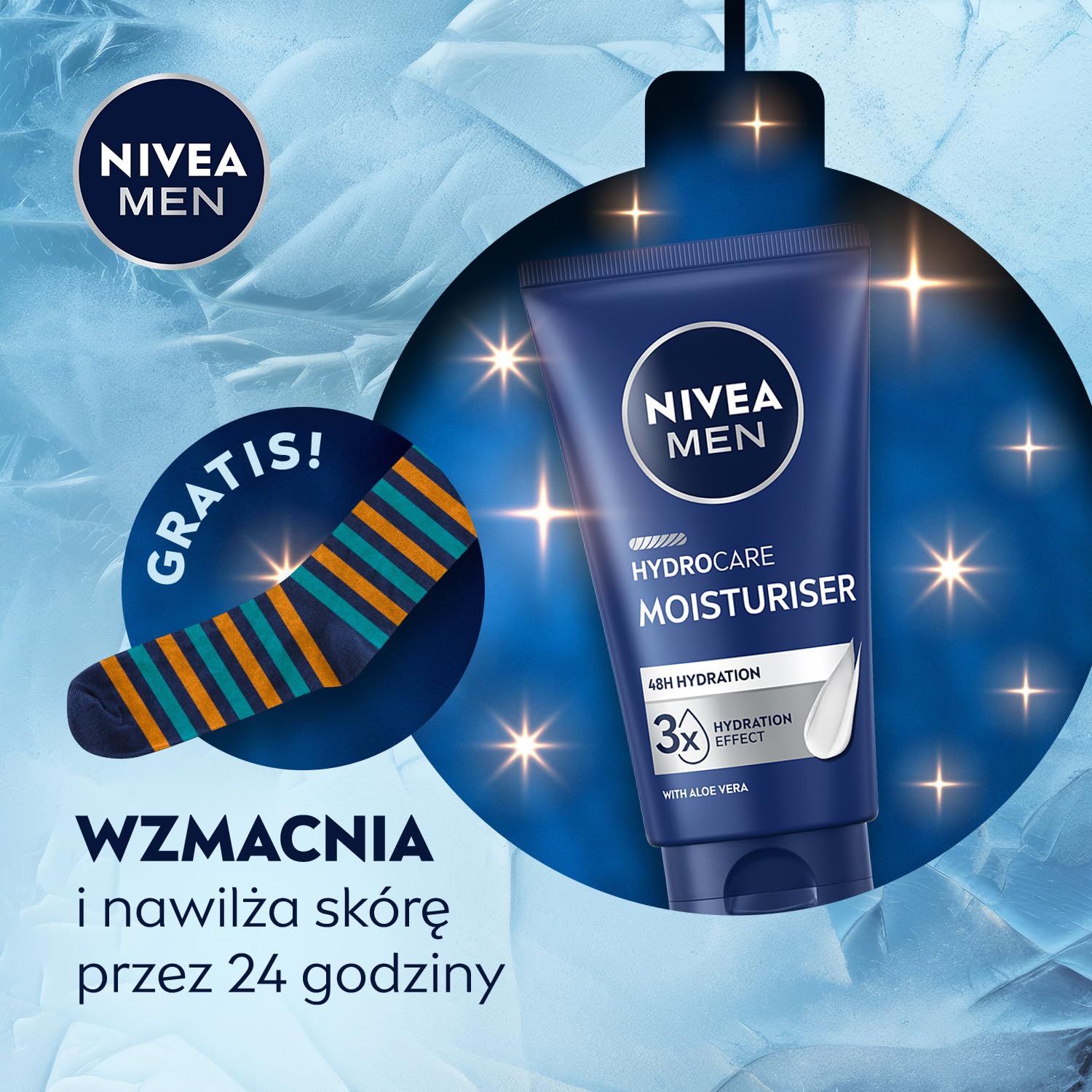 NIVEA MEN Feel Recharged Świąteczny prezent - Zestaw kosmetyków dla mężczyzn do twarzy i ciała: krem nawilżający, żel pod prysznic i antyperspirant roll on + skarpetki GRATIS