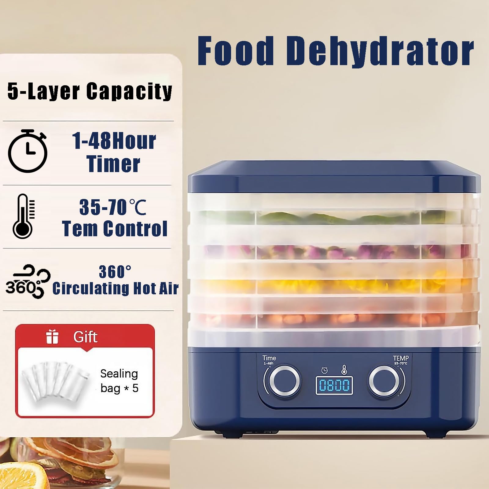 Elektryczny Dehydrator Żywności – 5-Poziomowy Automatyczny Suszarka Do Owoców & Mięsa Z Regulowaną Temperaturą I Timerem, Zdejmowane Tace, Do Warzyw, Jerky, Przekąsek I Więcej