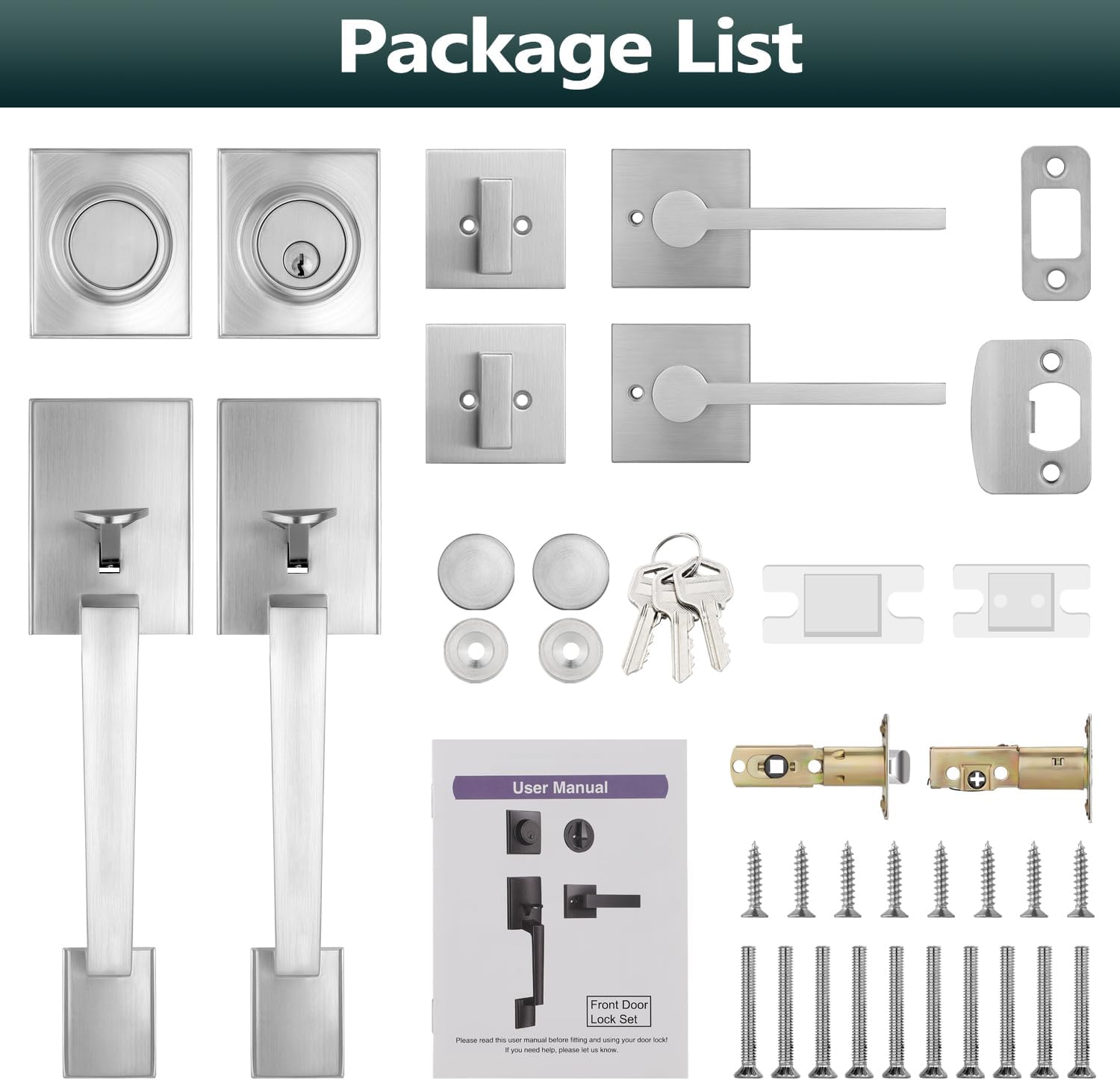 EHOMEWARE Double Front Door Lock Set, Brushed Nickel Double Door Handle Set, Exterior Door Handle with Deadbolt and Dummy, Heavy Duty Front Door Hardware, Reversible Door Lever for Left/Right Doors