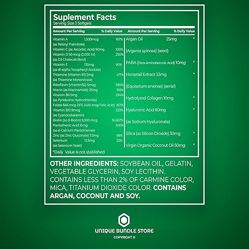 Miniatura 3 de Vitaminas para el cabello, la piel y las uñas, cápsulas blandas, 5,000 mcg, 120 unidades dietéticas, suplemento para uñas y piel y cabello +