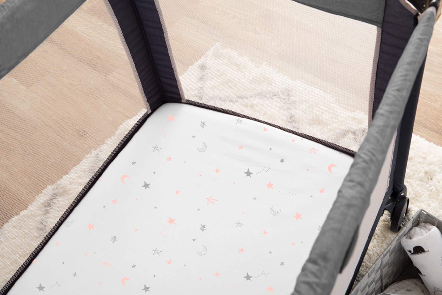 TL Care 2-pak drukowanych 100% naturalnej bawełny dżersej dzianinowy dopasowany zestaw N Playard Arkusz Playard, różowe gwiazdki/zygzak, miękki, oddychający, dla chłopców i dziewcząt