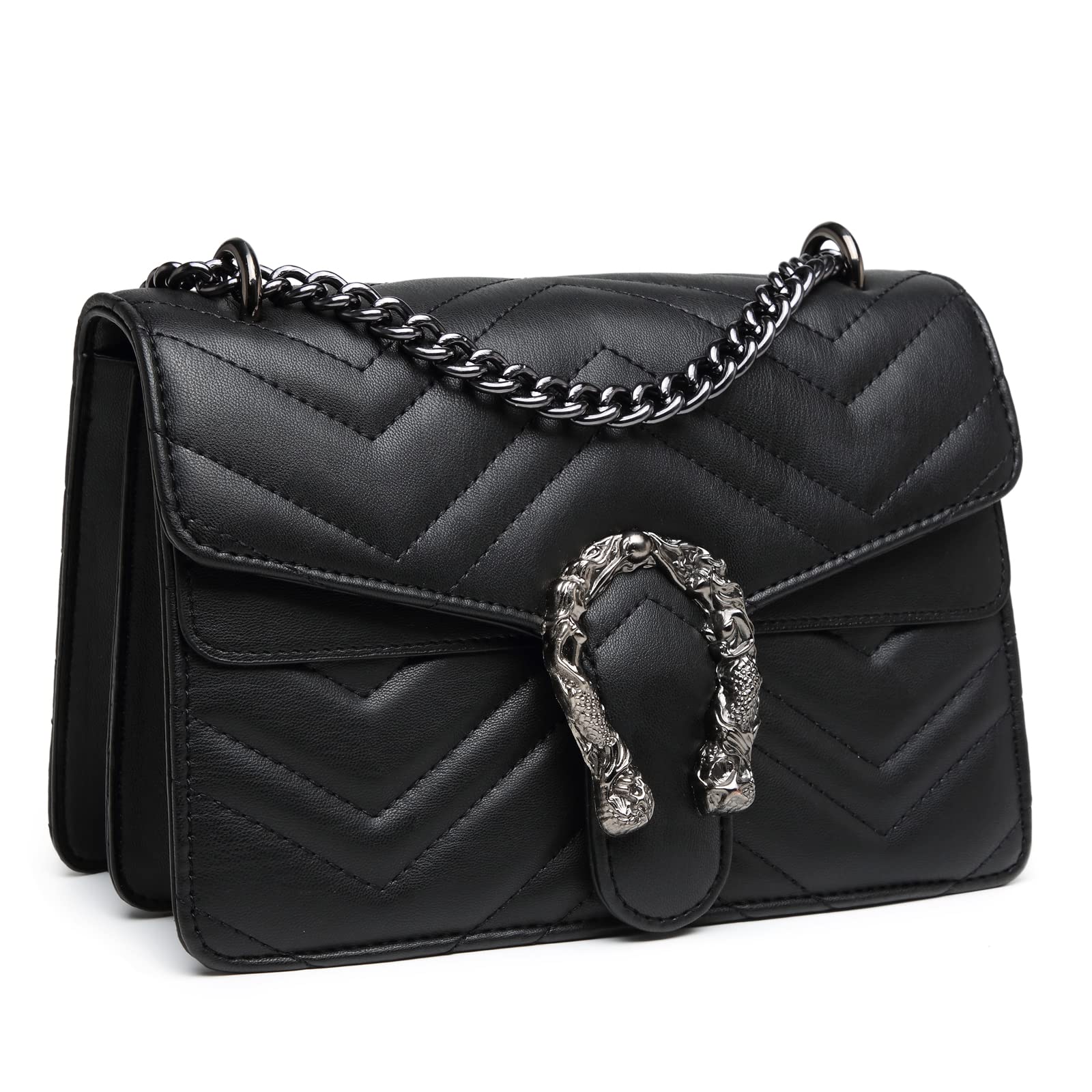 MYHOZEE Crossbody Bags for Women - Snake Printed Clutch Purses Leather Chain Shoulder Bags Evening Handbags: Qulited Black
