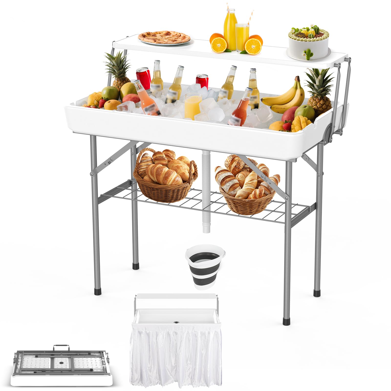HLPB 4 FT Party Ice Cooler Folding Table with Folding Board, Outdoor ice Table with Skirt & Drain & Folded Buckets & Barbed Wire, Portable Foldable