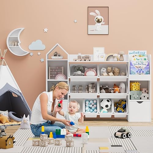 Miniatura 3 de Organizador de almacenamiento de juguetes, estantería blanca con 8 contenedores de juguetes extraíbles, organizadores de almacenamiento de juguetes