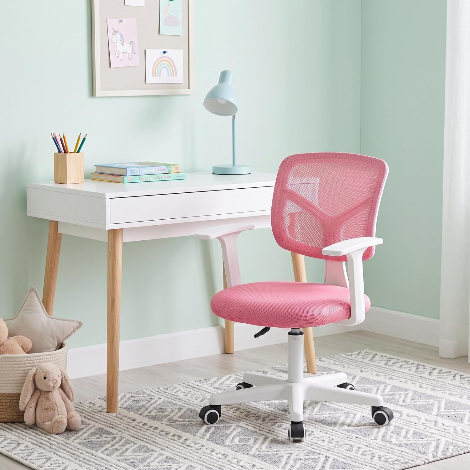 FurnitureR Chaise de Bureau pour Enfants, Chaise D'ordinateur pour Jeunes/Adolescents avec Maille Respirante, Pivotante Seat D'étude Réglable en Hauteur avec Accoudoirs, Rose 50 x 53 x 87cm