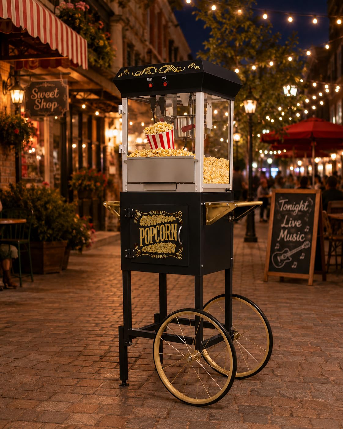 8 Oz Popcorn Machine Cart, 650 W, Popcorn Maker Machine with Stainless-Steel Kettle, Movie Theater Popcorn Machine with Steel Frame Tempered Glass Doors &amp; Heated Warming Deck, Black