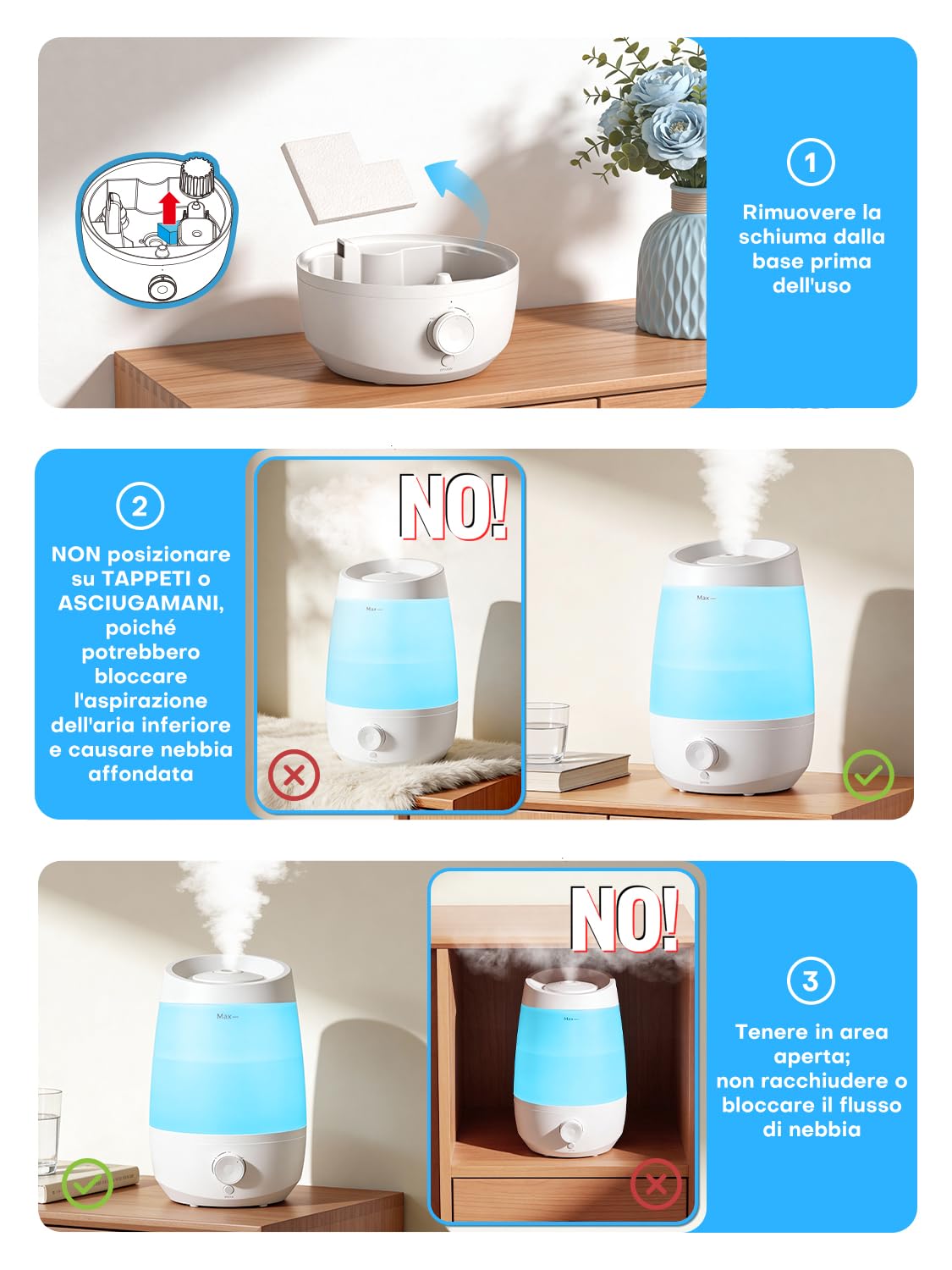 AROEVE Umidificatore Ambiente, 2,5L Umidificatore, 250 ml/h, 25H Diffusore di Oli Essenziali, Spegnimento Automatico, 25 dB Silenzioso per Neonati e Piante, Bianco