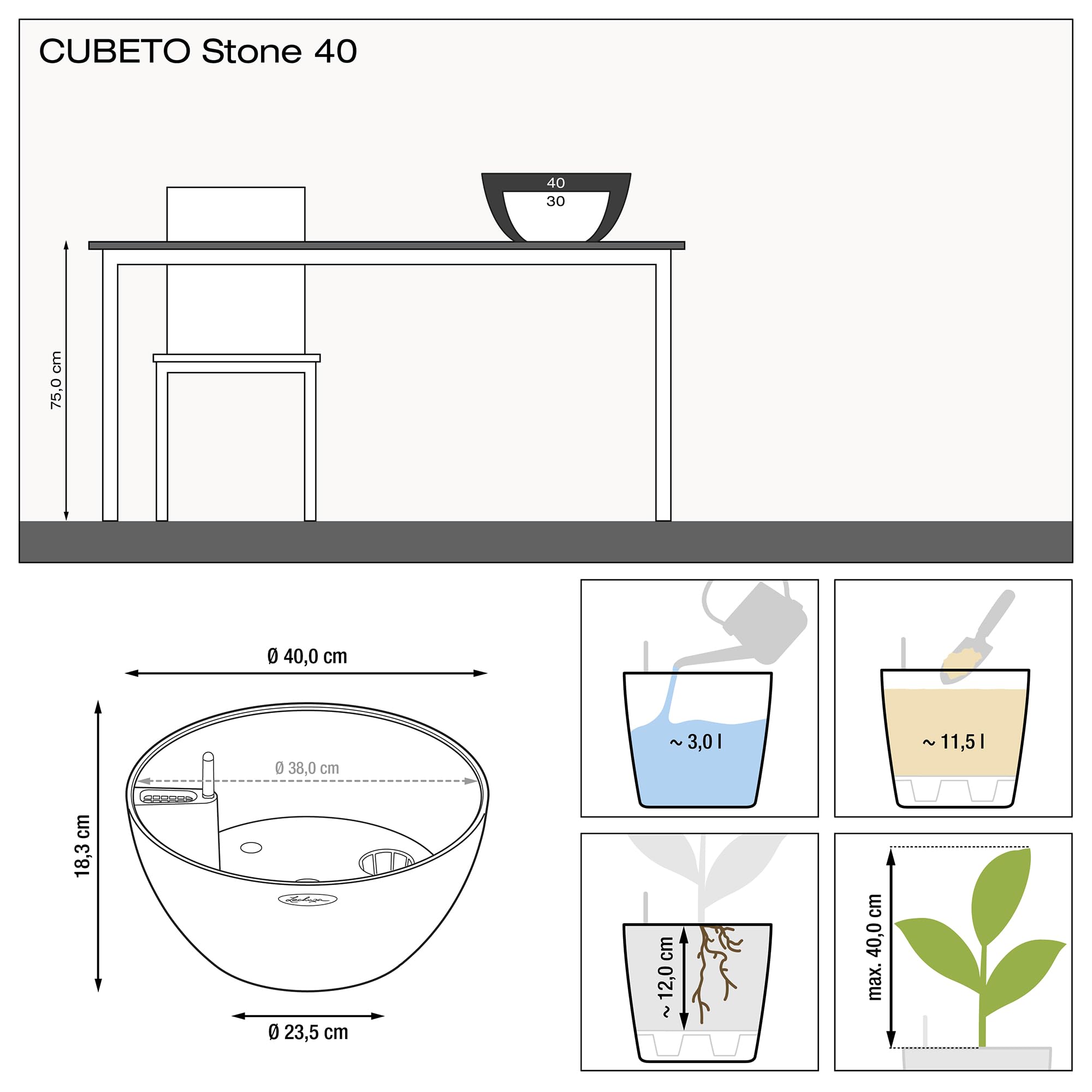 Lechuza Cubeto Stone 40 virágtartó kavicsszürke 40 cm átmérő vásárlása