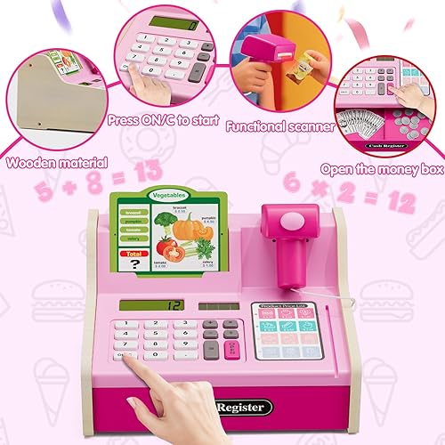 Miniatura 7 de Caja registradora de madera para niños con calculadora real, juguete recargable de caja registradora con escánerdinero de juegocomidatarjeta de