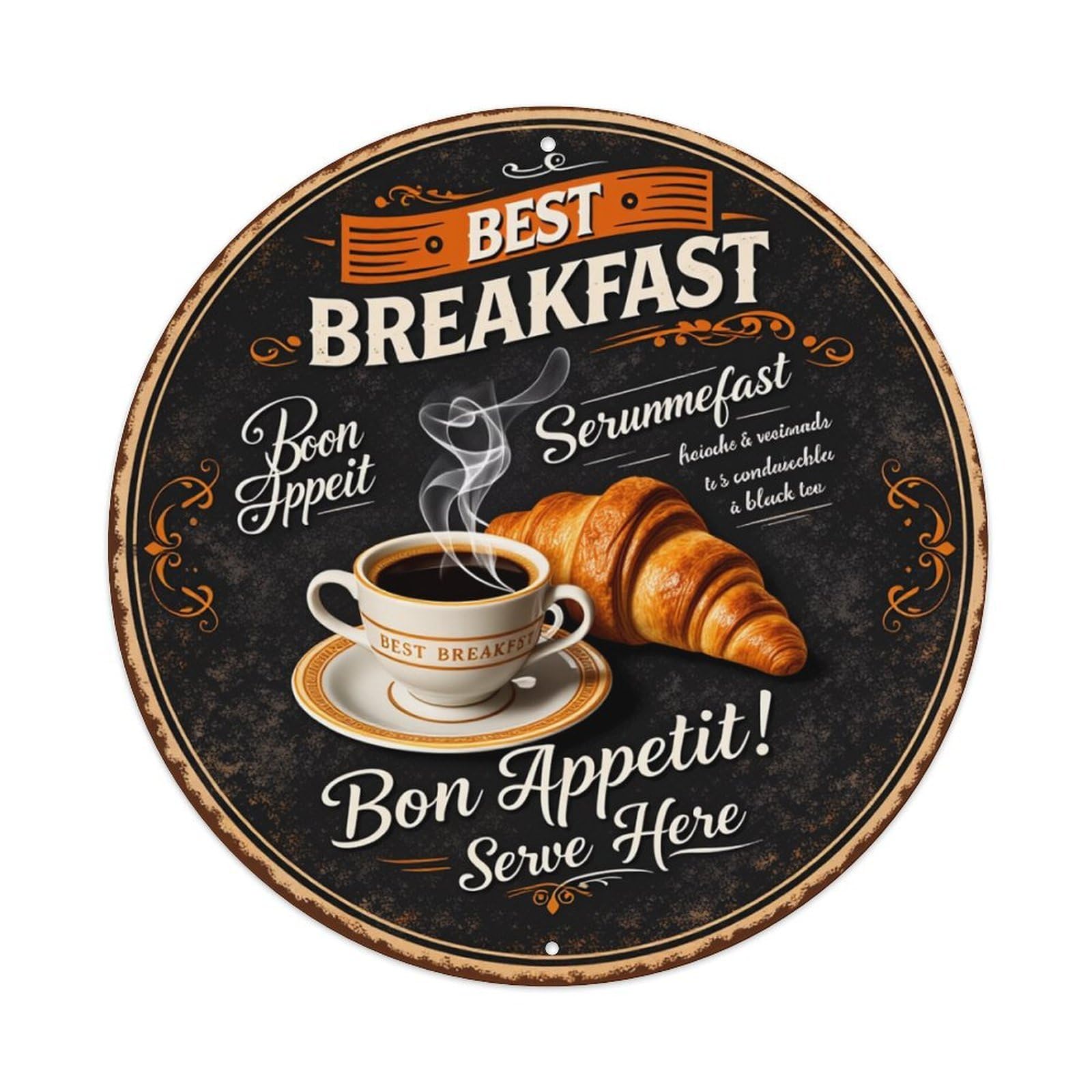 Best Breakfast Coffee Croissant Decorative Sign Round Tin Sign Retro Metal Sign for Cafe Bar Pub Home Game Room Gym Club Wall Decoration Vintage Metal Poster 8x8 Inch