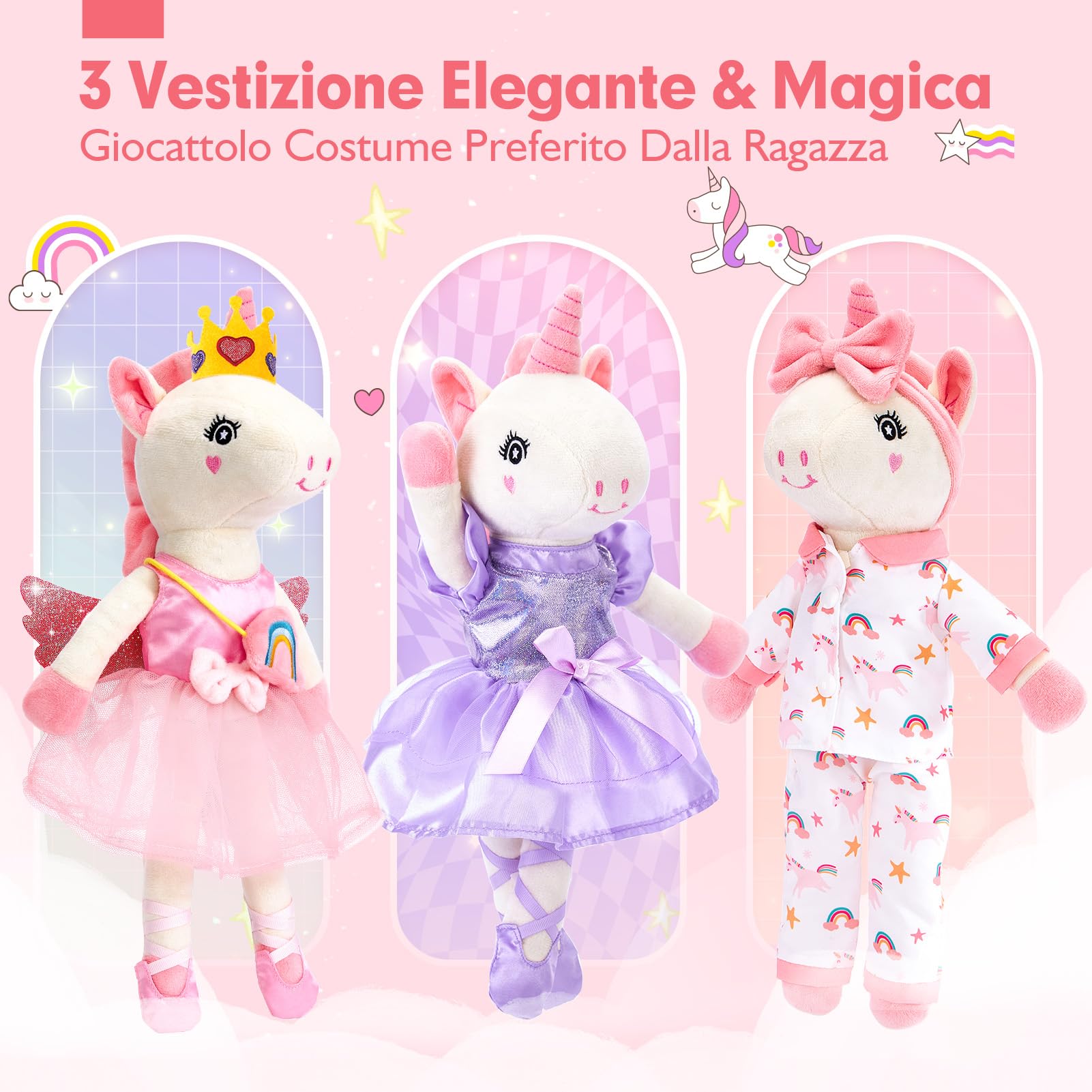 hahaland Regalo Bambina 3-6 Anni, 10 PCS Set di Unicorno Bambina Regalo con Unicorno Peluche, Borsa e 3 Abiti, Vestire la Bambola Giochi Bimba 3 4 5 6 Anni Femmina