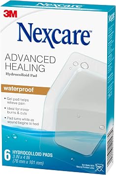 Nexcare Advanced Healing Hydrocolloid Pads, Gel Pad Helps Reduce Pain and Absorb Wound Fluids, Stretchy Wound Dressing Sticks to Damp Skin - 6 Pads