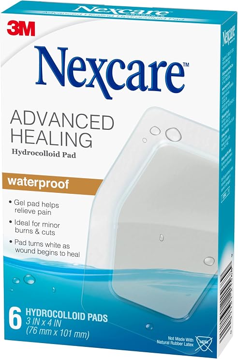 Nexcare Advanced Healing Hydrocolloid Pads, Gel Pad Helps Reduce Pain and Absorb Wound Fluids, Stretchy Wound Dressing Sticks to Damp Skin - 6 Pads