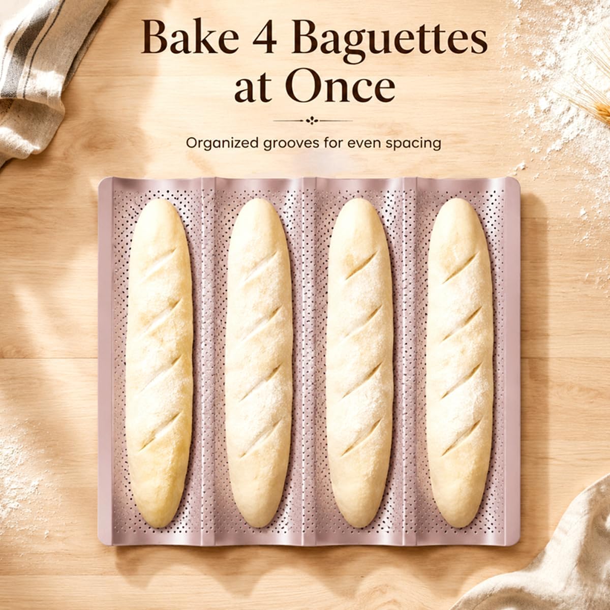 Perforated Baguette Pan, 15-Inch 4 Wave Loaves Non-Stick Ultra-Ventilate French Bread, Hot Dog Buns, Sourdough, Italian Bread Tray 2.8-Inch Channel for Oven Baking 14.8" x 14.2" - Champagne Gold