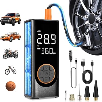 Tire Inflator Portable Air Compressor, 150PSI Cordless Air Pump for Car Tires, 4X Faster 12V DC Tire Pump with Tire Pressure Gauge, LED Light for Cars, Motorcycles, Bikes, Balls Black