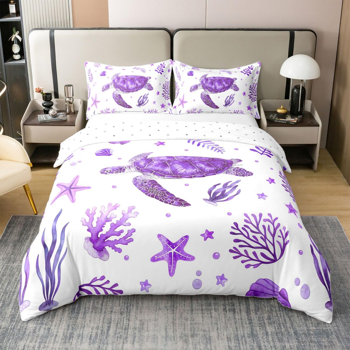 Housse de couette aquarelle violette en coton motif tortue mignonne