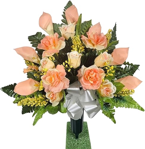 Miniatura 8 de Realistic Artificial Cemetery Flowers - Silk Faux Floral Peach Rose and Calla Lily Bouquet for Grave - 1 Headstone Decoration - Memorial Flowers