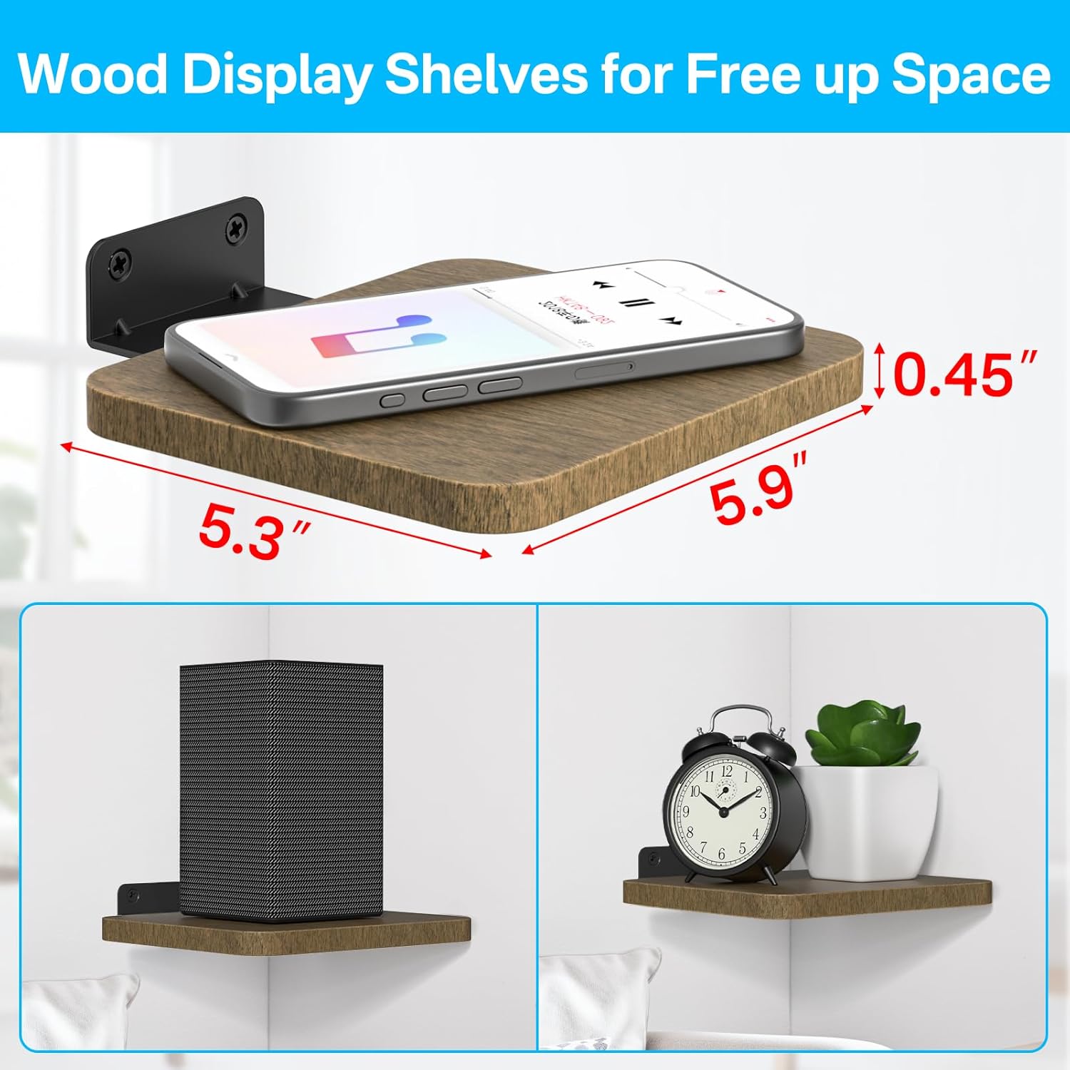 An image showing the dimensions of the wooden shelf: 5.3 inches width, 5.9 inches length, and 0.45 inches thickness.