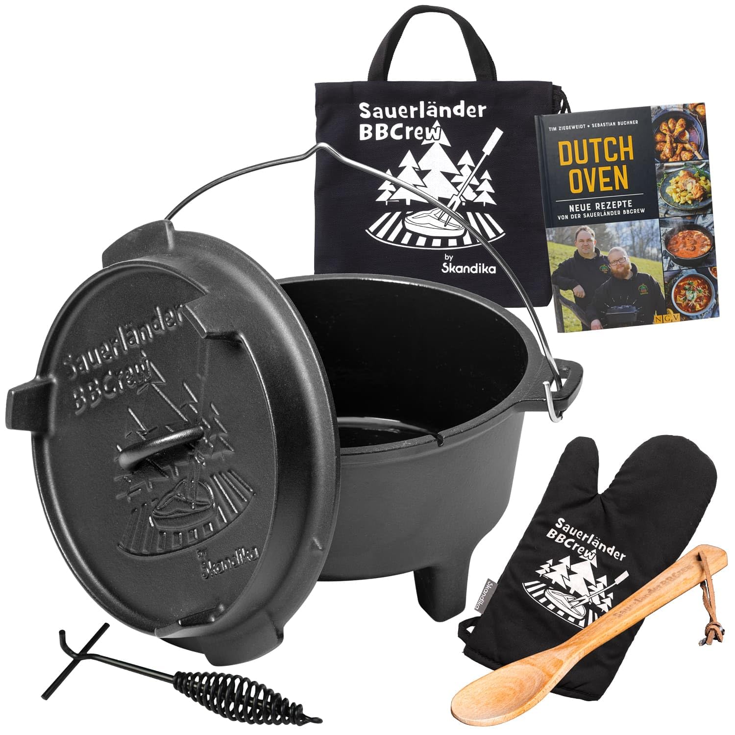 Skandika Dutch Oven der Sauerländer BBCrew 10,25 l, żeliwny garnek z emaliowanym naczyniem z książką z przepisami (może nie być dostępna w języku polskim), otwieracz do pokrywek i dodatki, nadaje się do mycia w zmywarce, z nóżkami, do grilla, na kemping