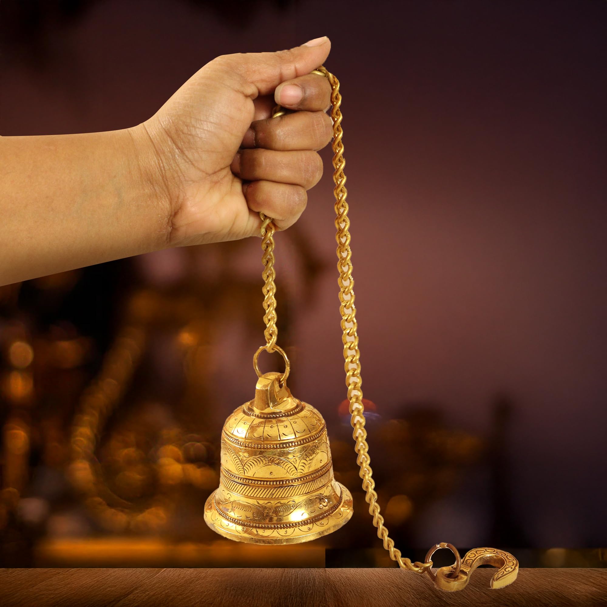 Putrika Handcrafted Brass Temple Bell with Hook & Chain|8 cm Pooja Pital Ghanti for Mandir|Traditional Hanging Bell for Home Décor & Aarti Rituals | 668g Solid Brass Bell 3