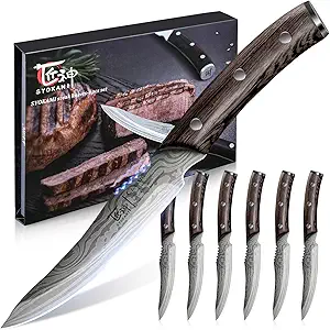 Steak Knives Set of 6, 4.8 Inch Carbon Steel Japanese Style Non-Serrated Meat Knife with Damascus Pattern, Ergonomic Full-Tang Non-Slip Wooden Handle, Thanksgiving Christmas Cooking Gifts