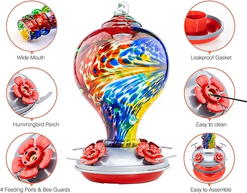 Miniatura 6 de Muse Garden - Comedero para colibríes para exteriores, vidrio soplado a mano, 32 onzas, que contiene foso para hormigas, Nebula